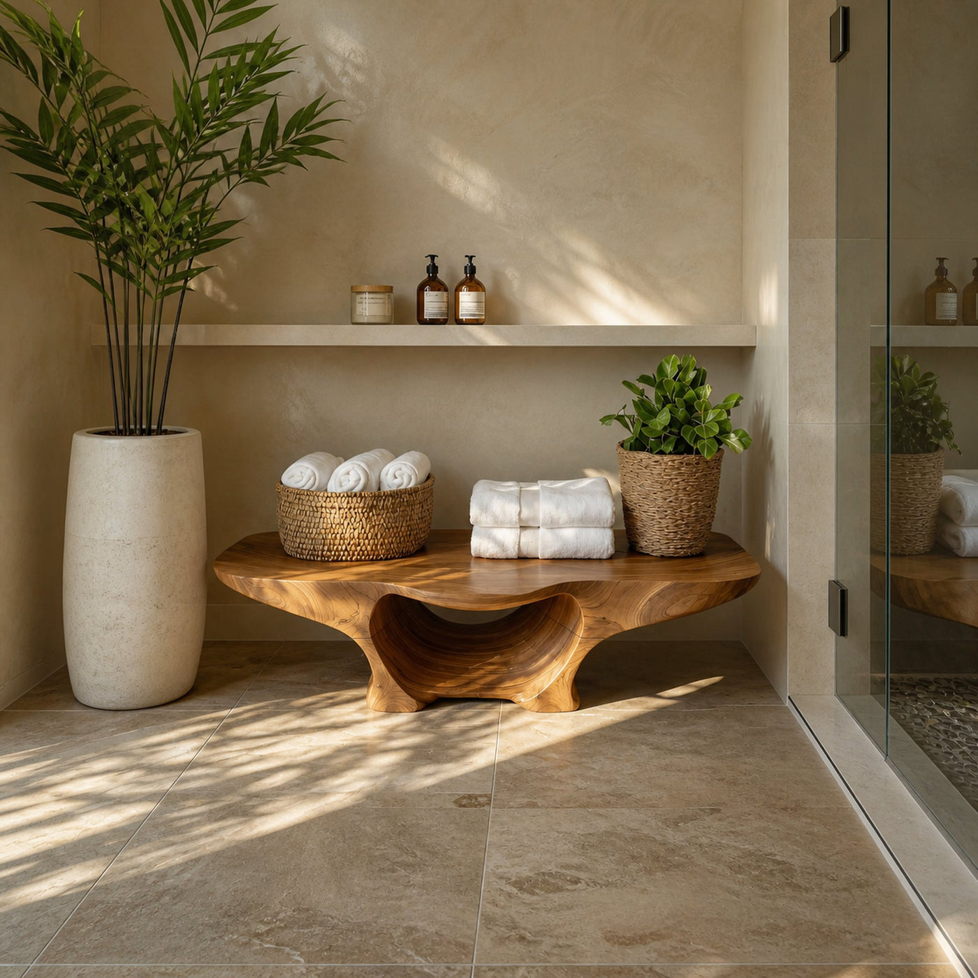 Organic Shower Bench With Curves And Storage Space For Bathroom