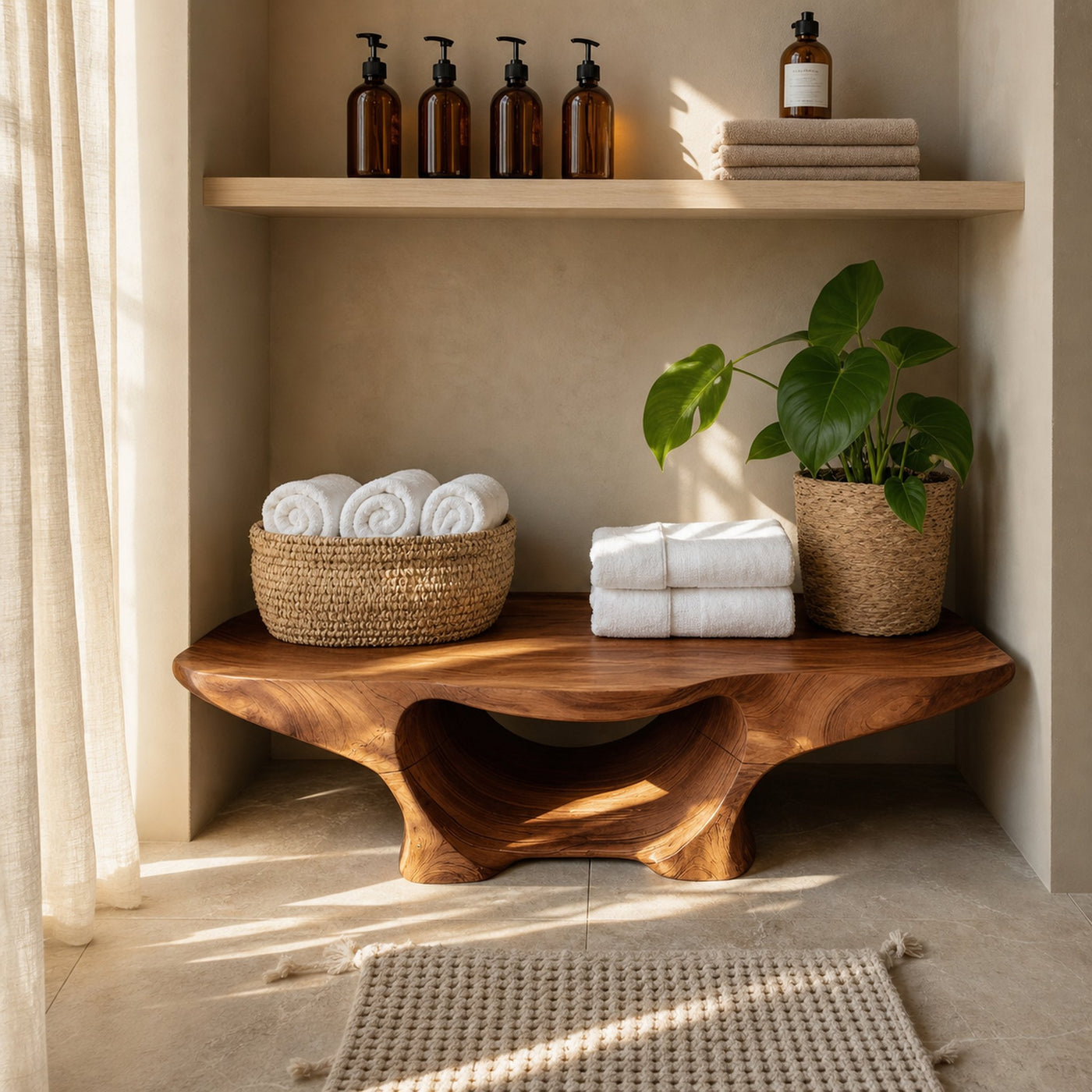 Organic Shower Bench With Curves And Storage Space For Bathroom - product view 6