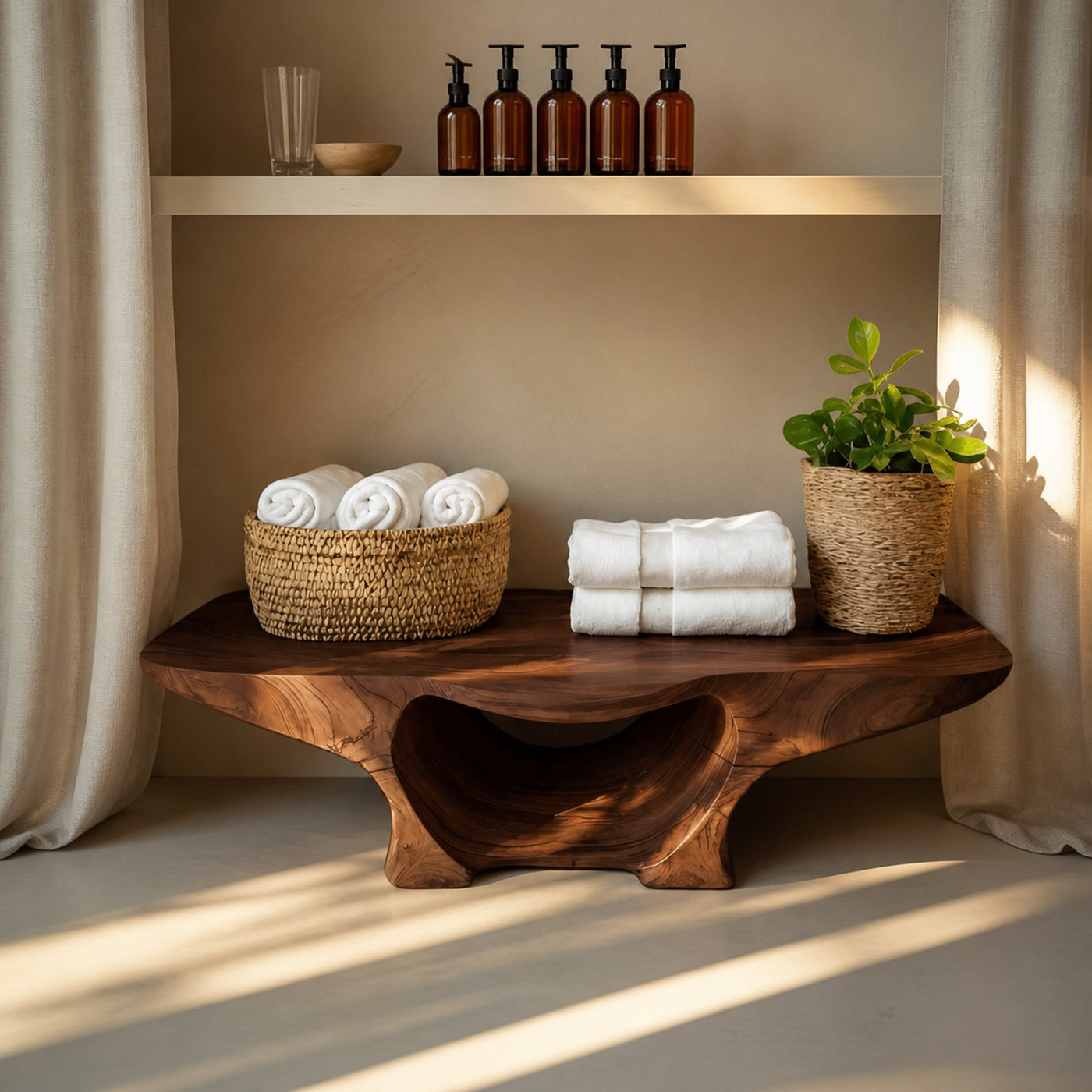 Organic Shower Bench With Curves And Storage Space For Bathroom - product view 7