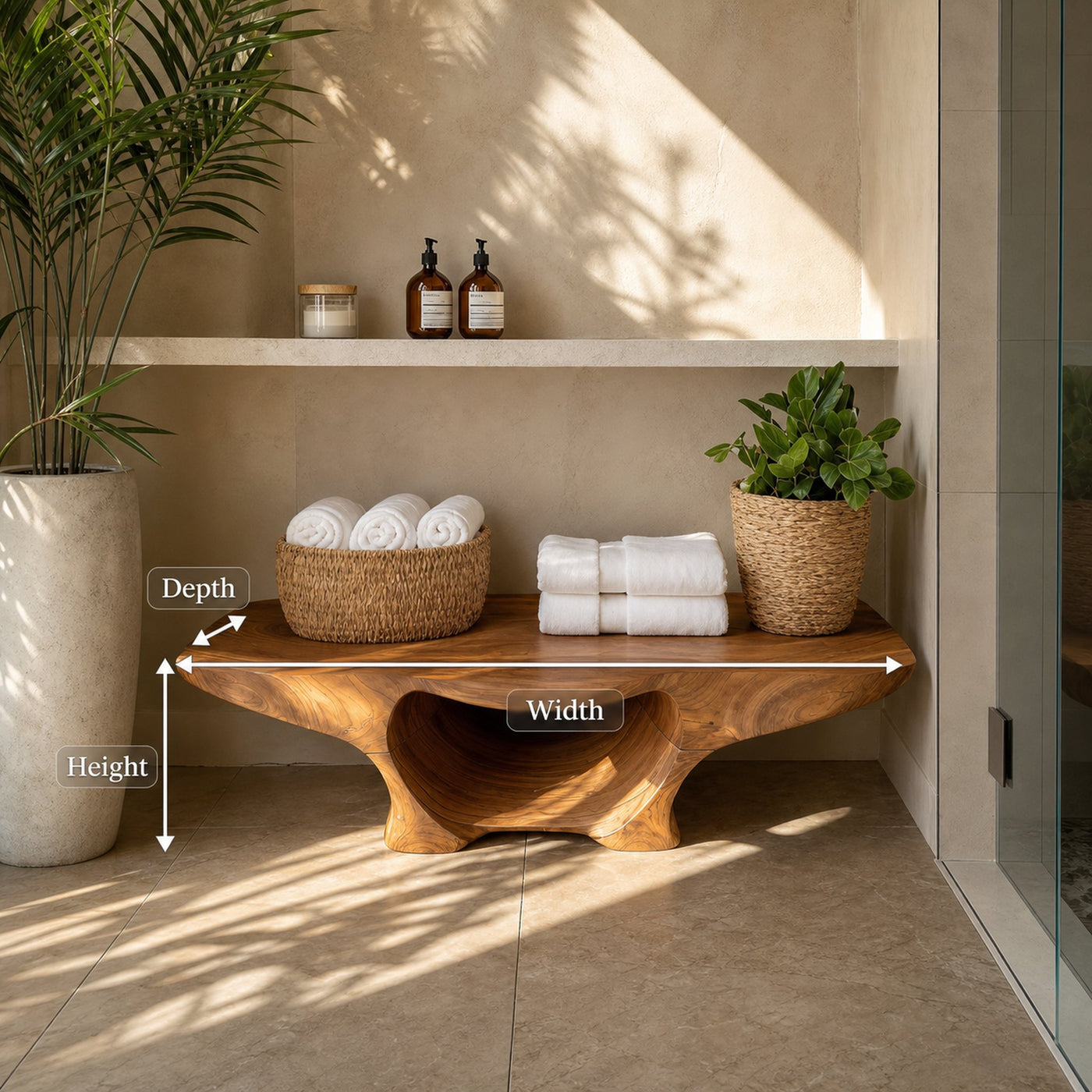 Organic Shower Bench With Curves And Storage Space For Bathroom - product view 8