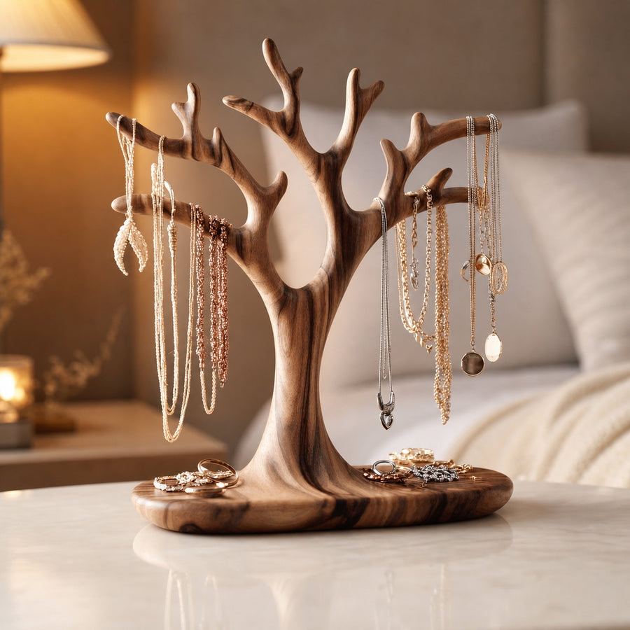 Organic Solid Walnut Jewelry Tree Organizer Stand