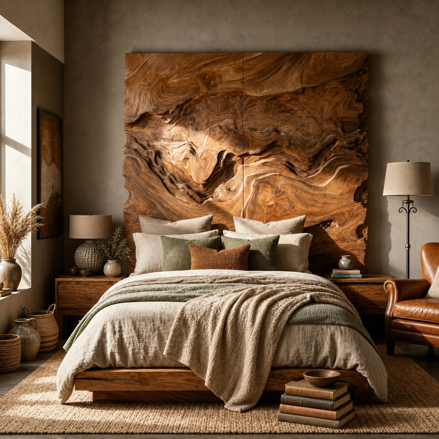 Organic Swirl Wood Headboard For Luxury Earth Tone Bedroom Decor