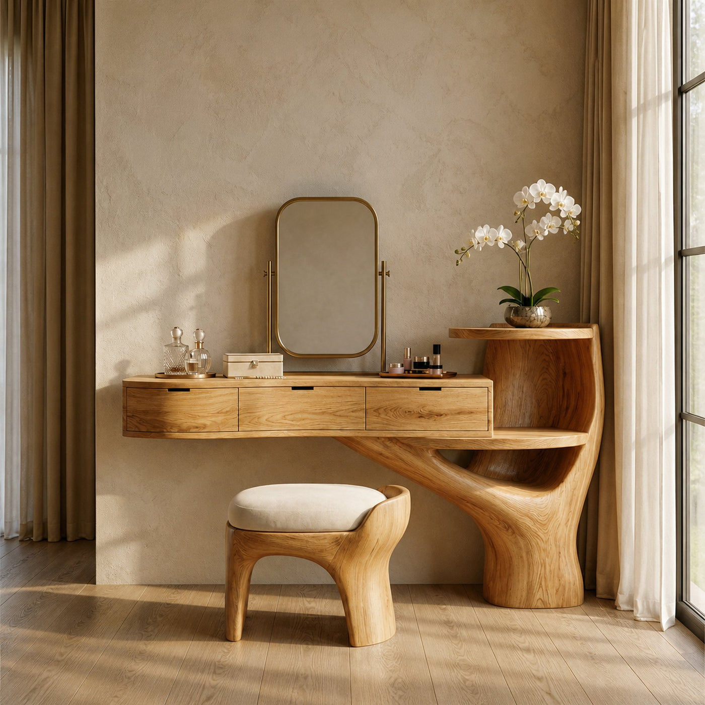Organic Tree Base Floating Dressing Table With Drawers Makeup Vanity Desk For Bedroom