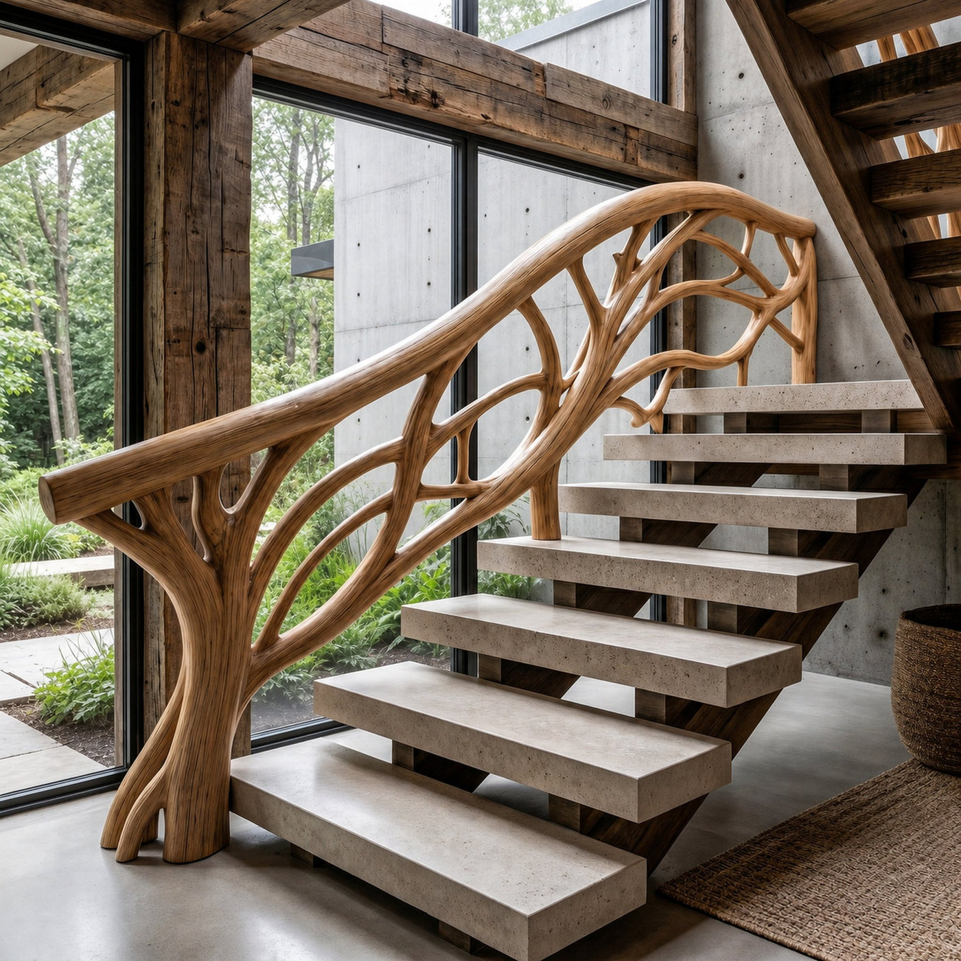 Organic Tree Branch Stair Railing With Natural Wood Design For Interior Staircase