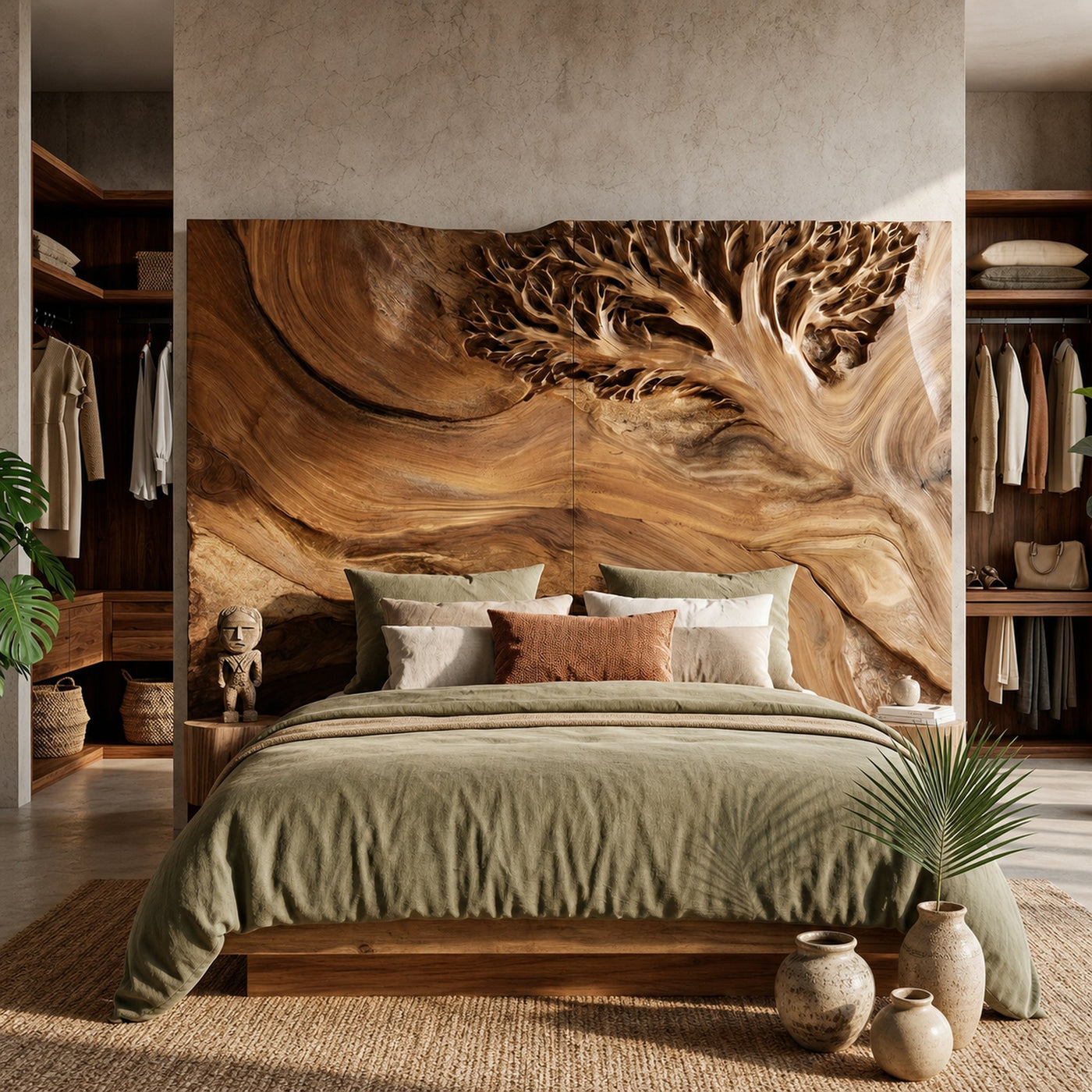 Organic Tree Sculpture Wood Headboard For Tropical Luxury Bedroom