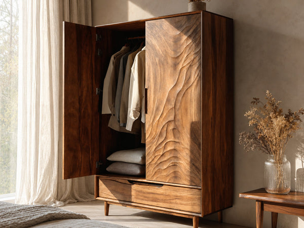 Organic Wardrobe With Carved Door For Bedroom