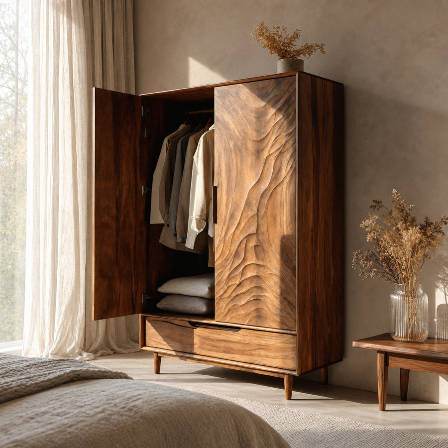 Organic Wardrobe With Carved Door For Bedroom