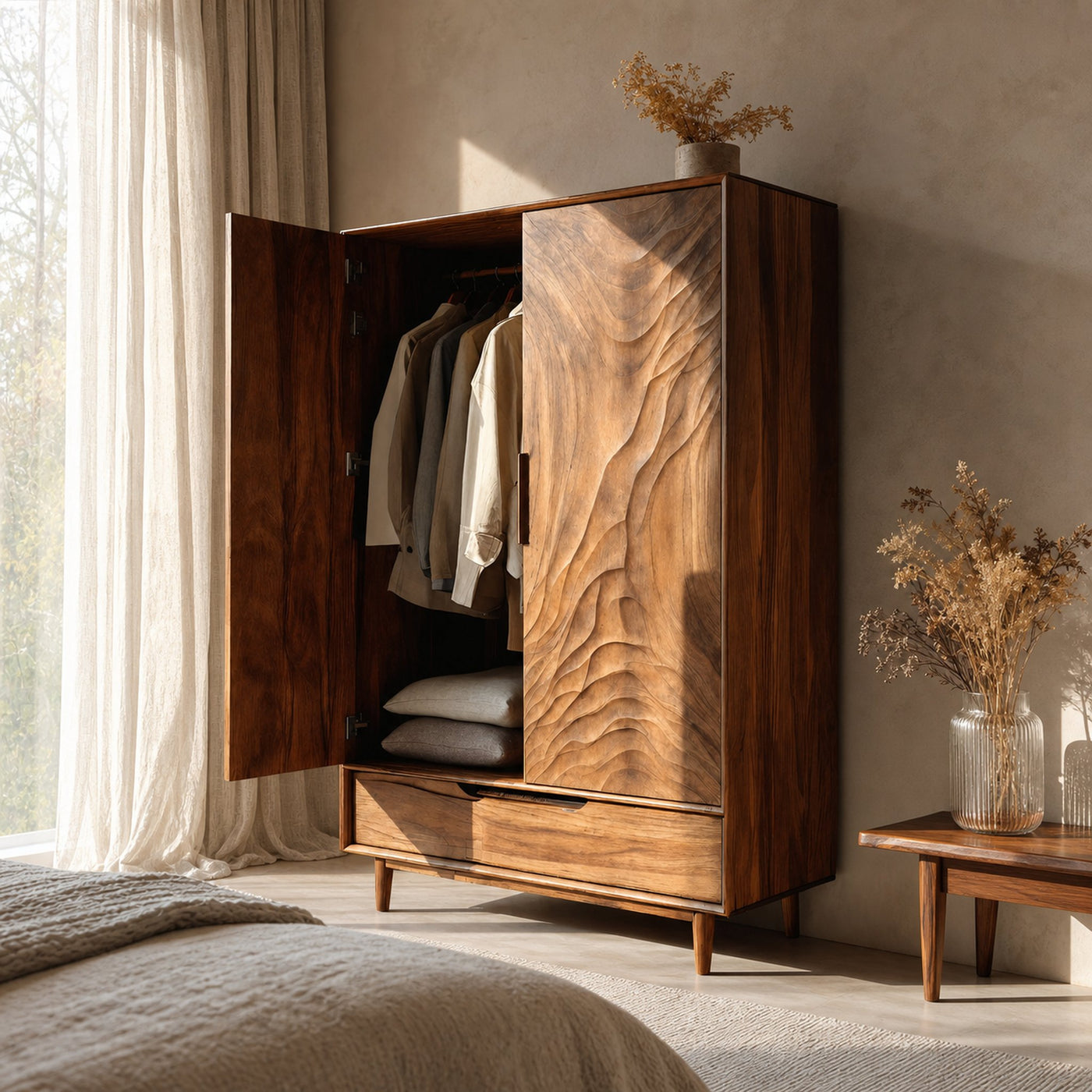 Organic Wardrobe With Carved Door For Bedroom