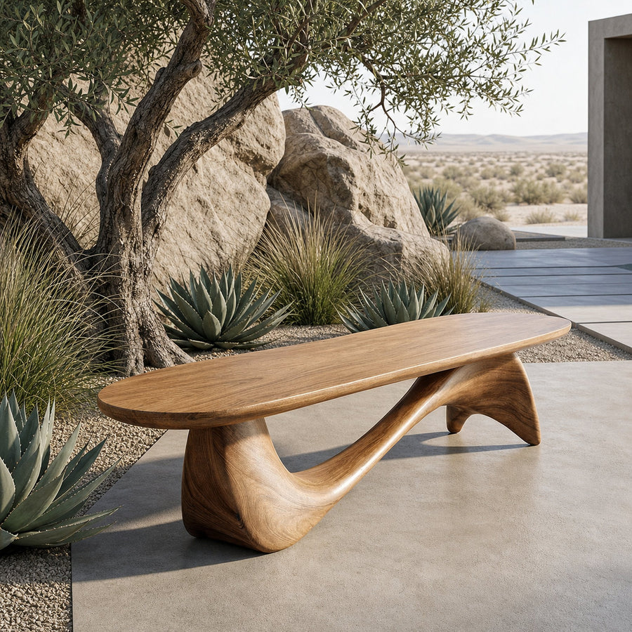 Organic Wave Bench Solid Wood Elegant Flowing Curve Design Garden And Outdoor Space