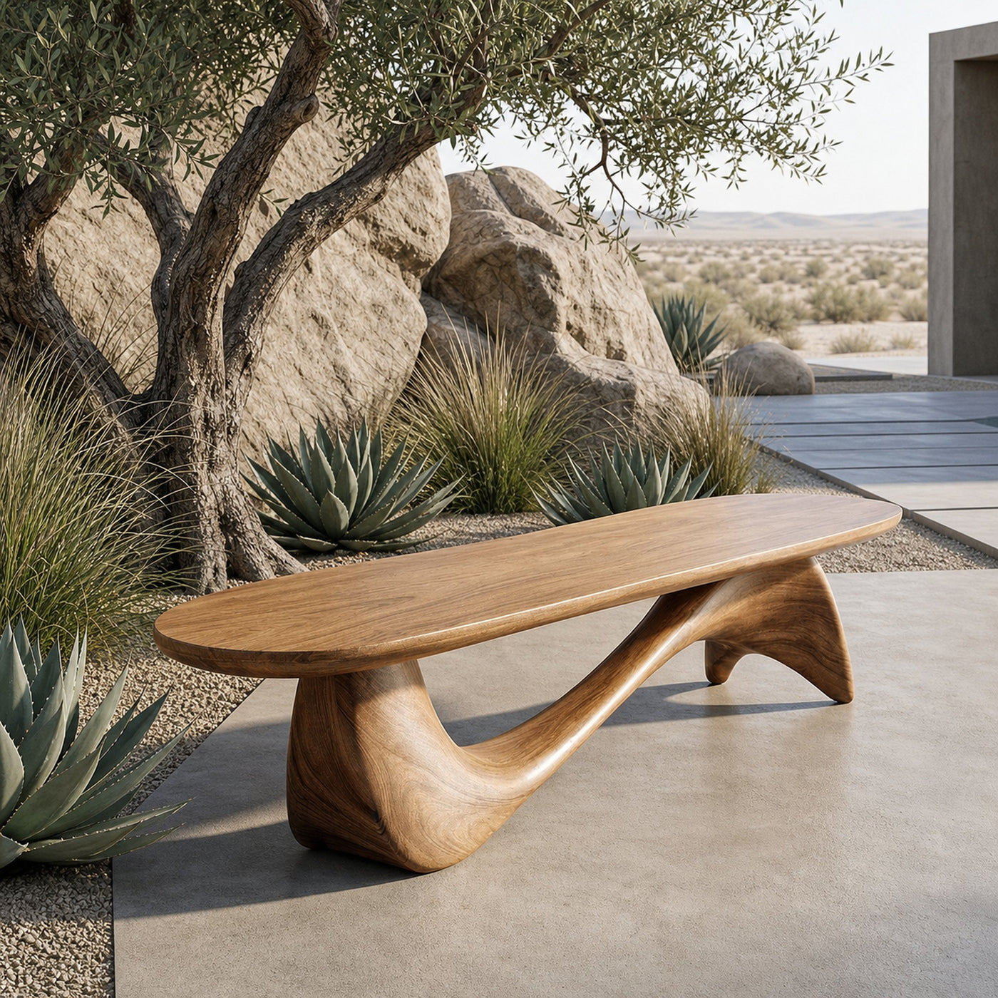 Organic Wave Bench Solid Wood Elegant Flowing Curve Design Garden And Outdoor Space
