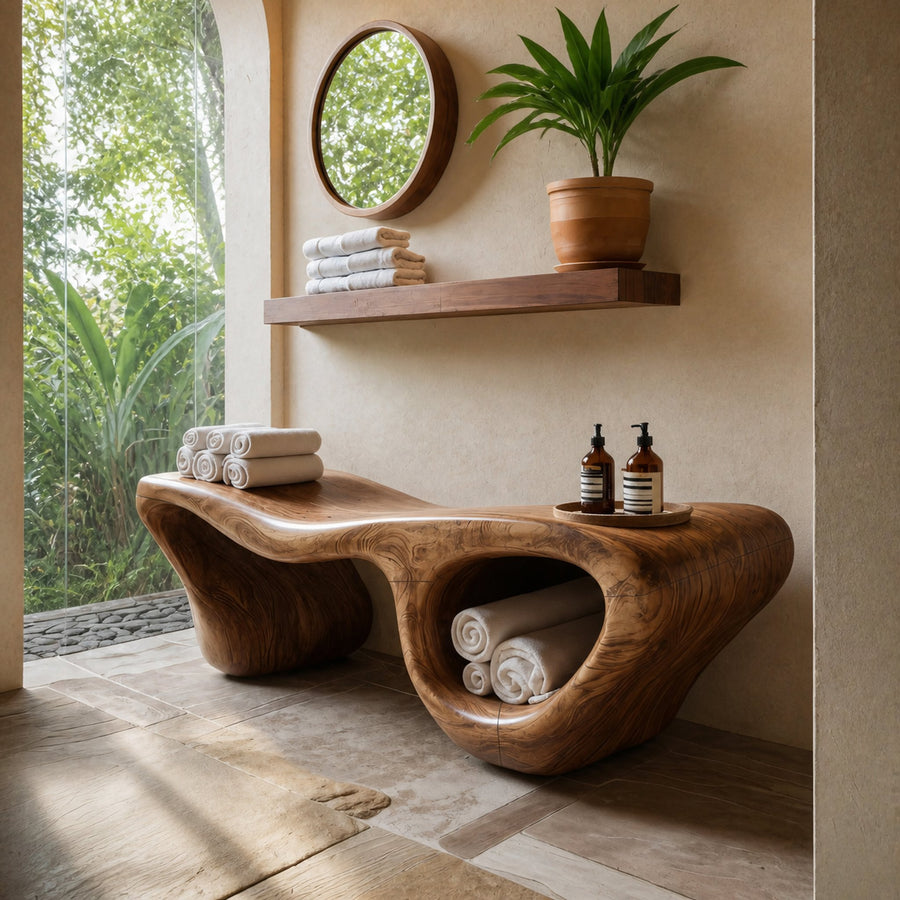 Organic Wave Carved Shower Bench Double Storage For Bathroom