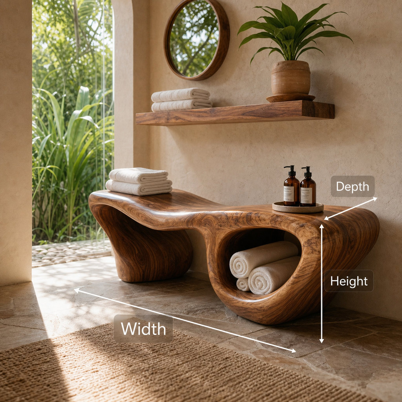 Organic Wave Carved Shower Bench Double Storage For Bathroom - product view 6