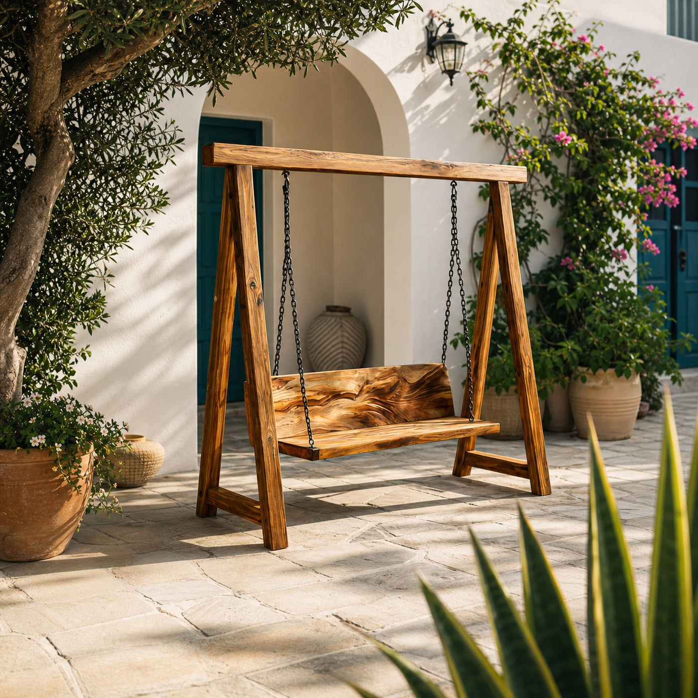 Organic Wood Swing With Backrest For Patio
