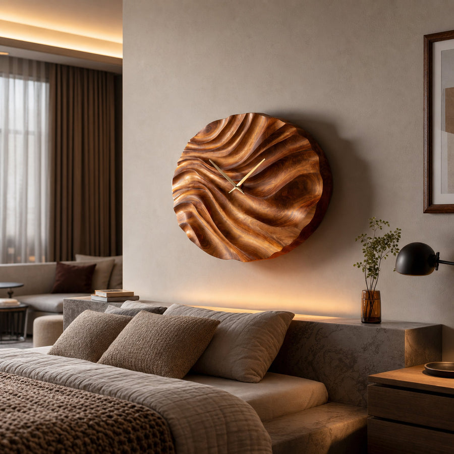 Organic Wood Wall Clock With Flowing Wave For Bedroom Interior