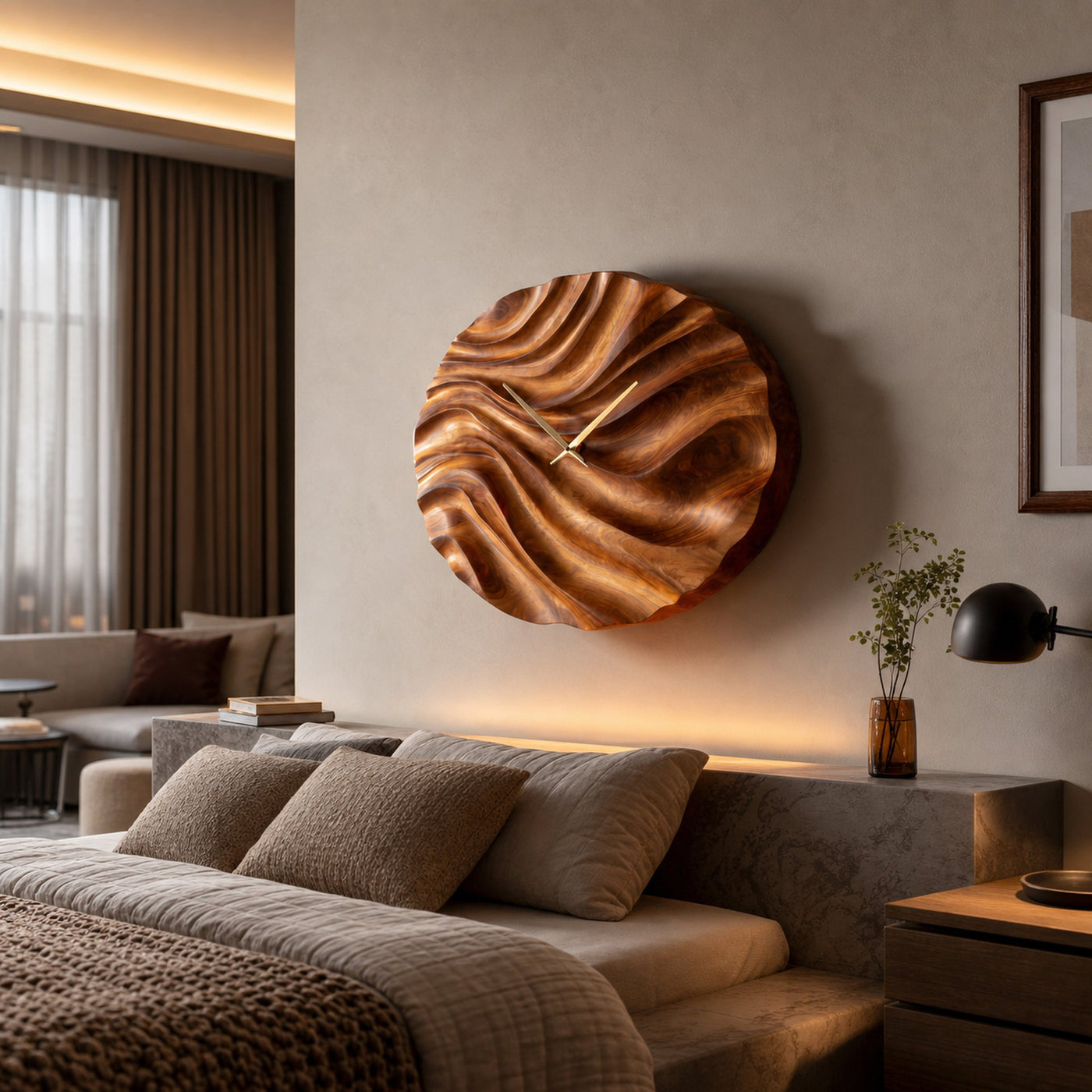 Organic Wood Wall Clock With Flowing Wave For Bedroom Interior