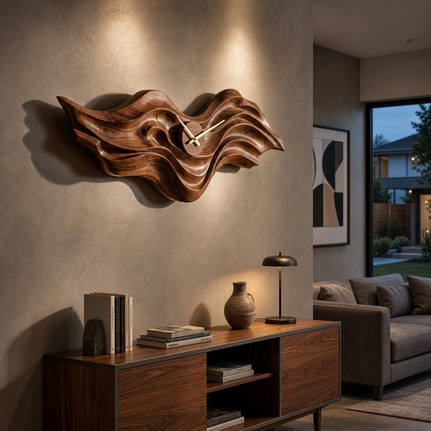 Organic Wood Wall Clock With Wave Sculpture For Living Interior