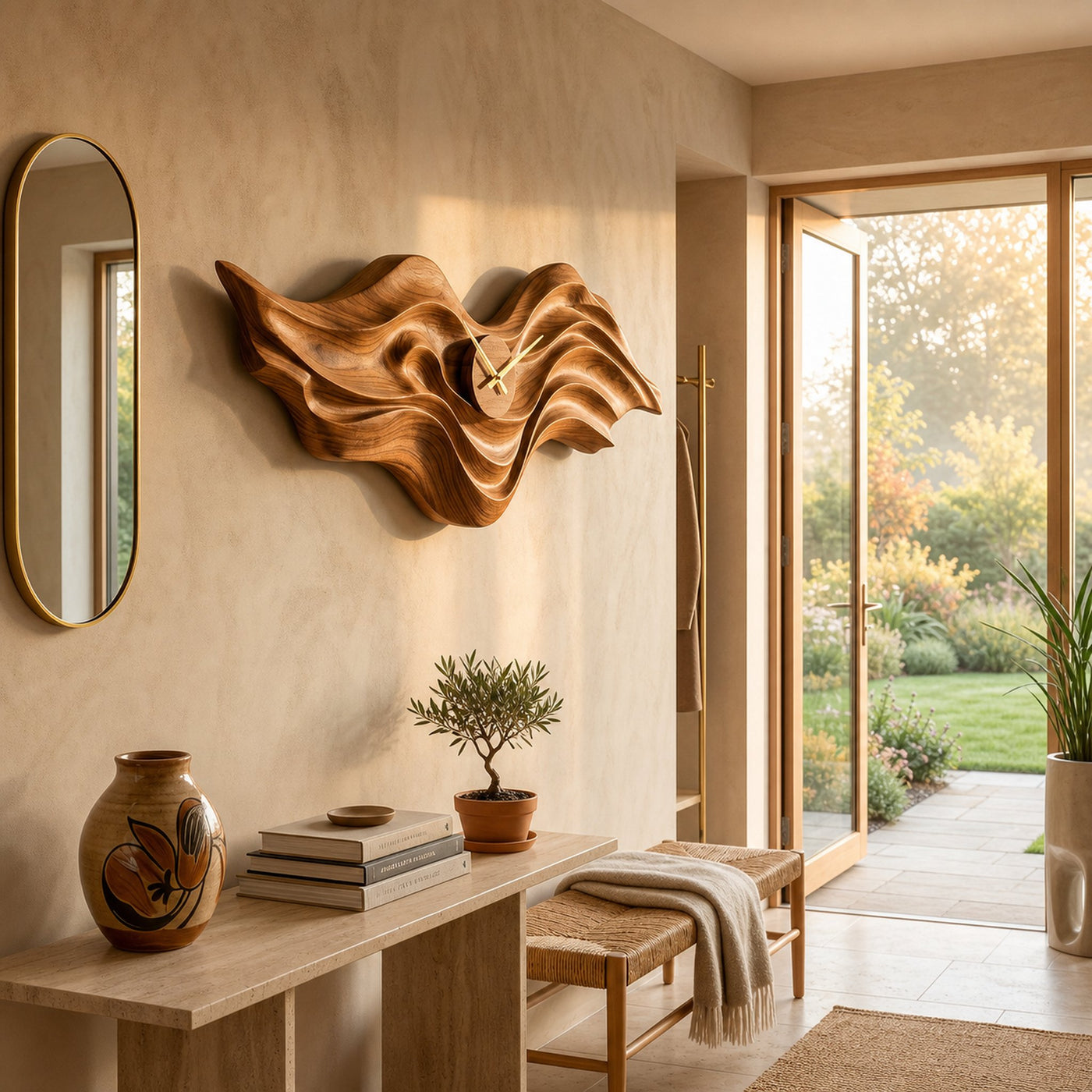 Organic Wood Wall Clock With Wave Sculpture For Living Interior - product view 6