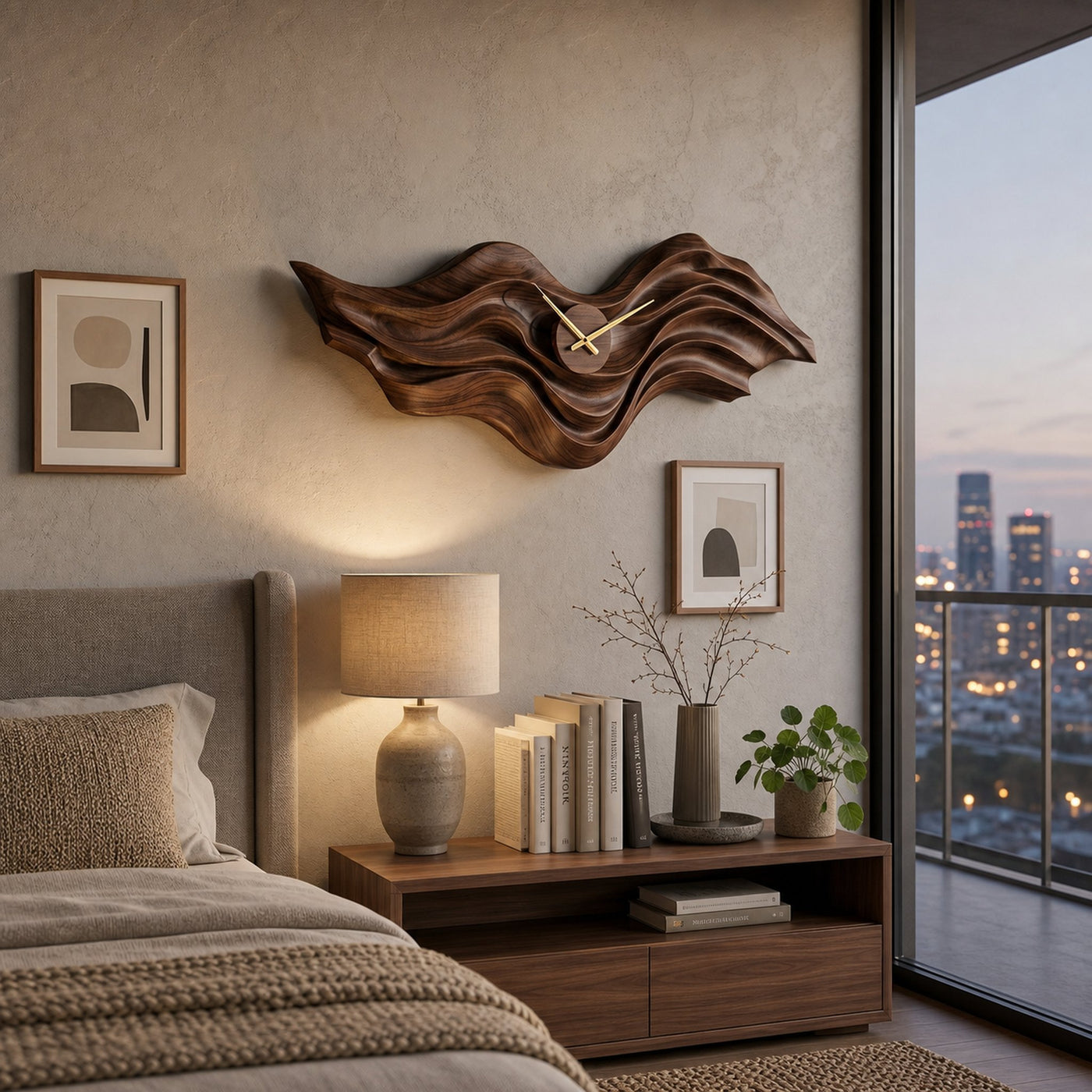 Organic Wood Wall Clock With Wave Sculpture For Living Interior - product view 7