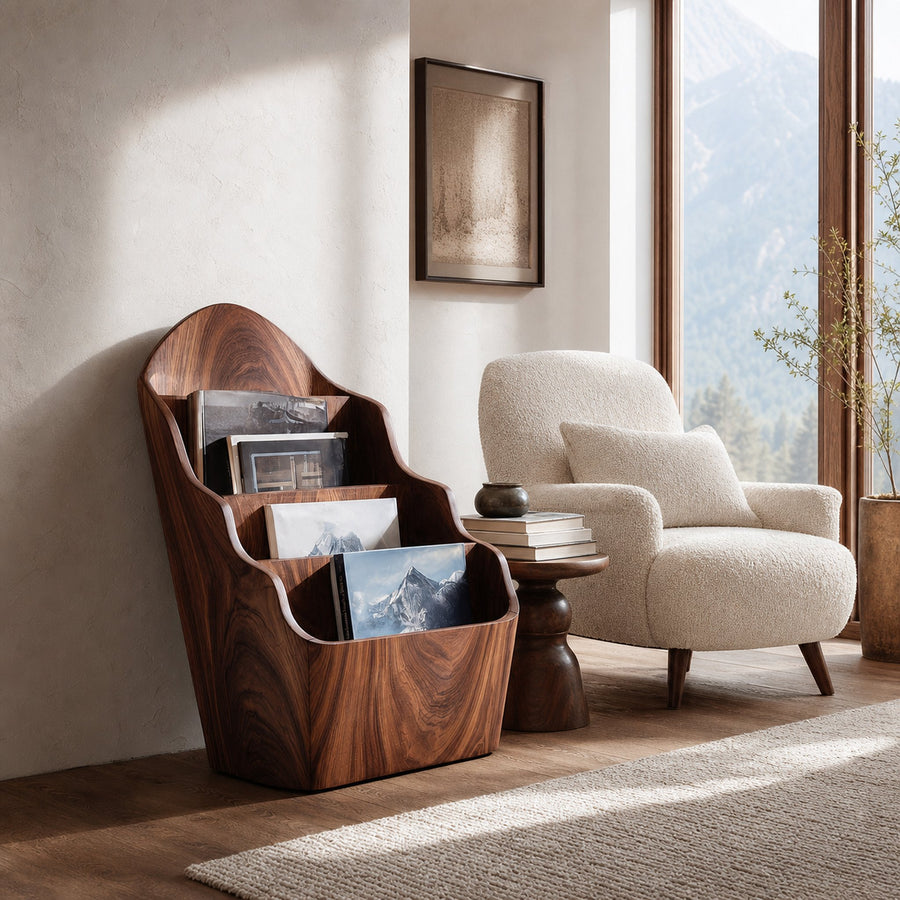 Organic Wooden Curved Tiered Magazine Rack For Living Room