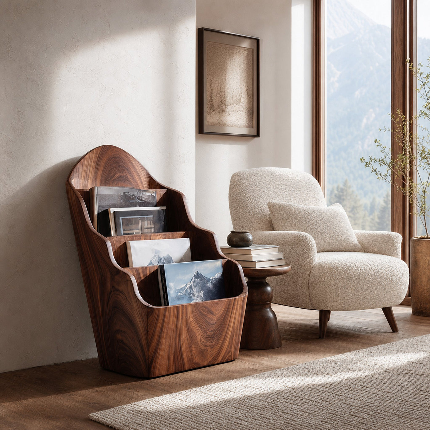 Organic Wooden Curved Tiered Magazine Rack For Living Room