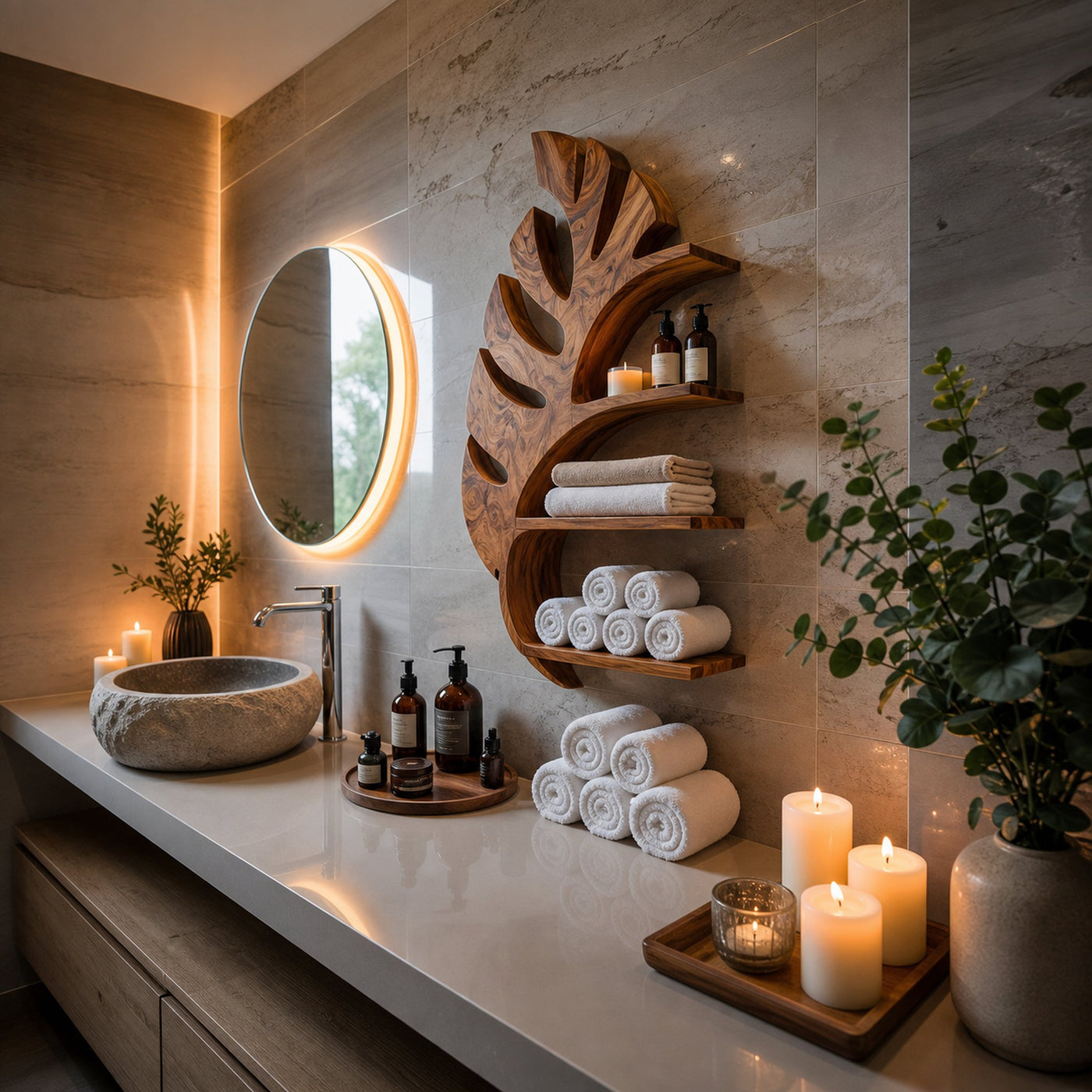 Organic Wooden Leaf Wall Mounted Bathroom Shelf For Spa