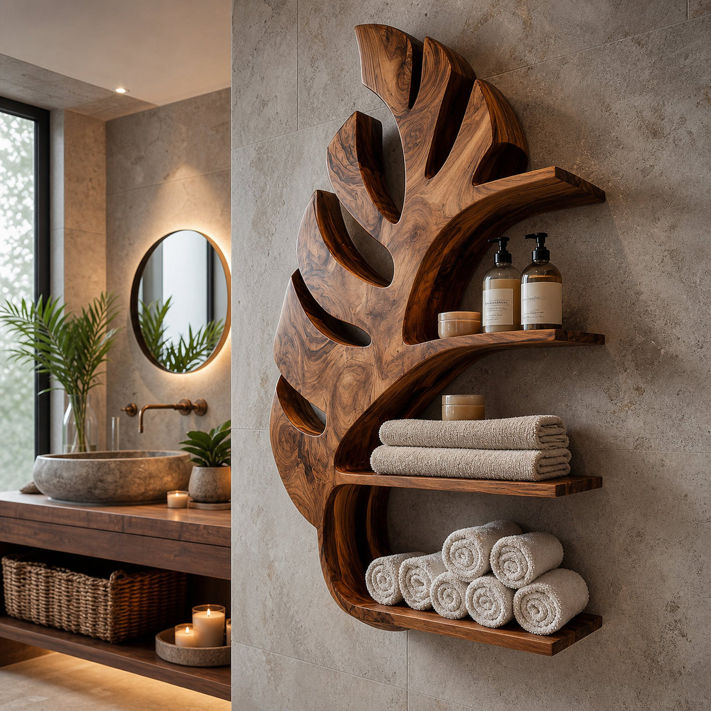 Organic Wooden Leaf Wall Mounted Bathroom Shelf For Spa - product view 6