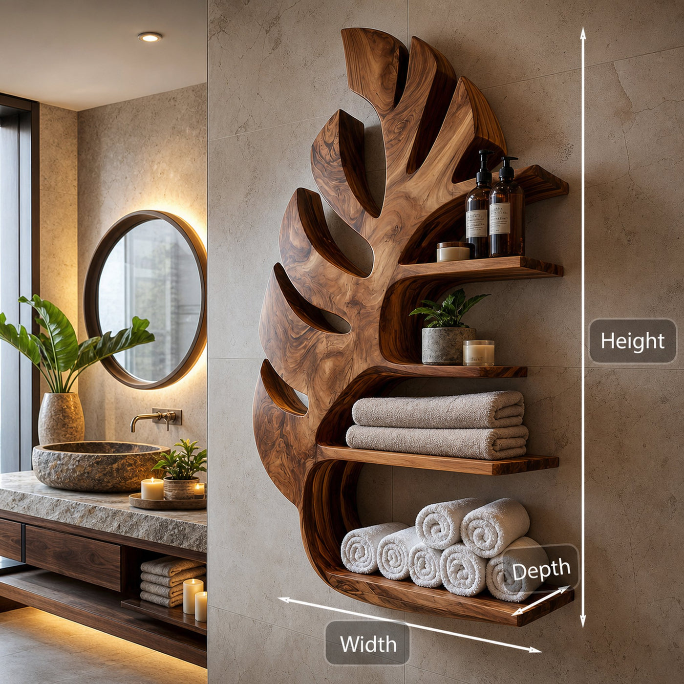 Organic Wooden Leaf Wall Mounted Bathroom Shelf For Spa - product view 7