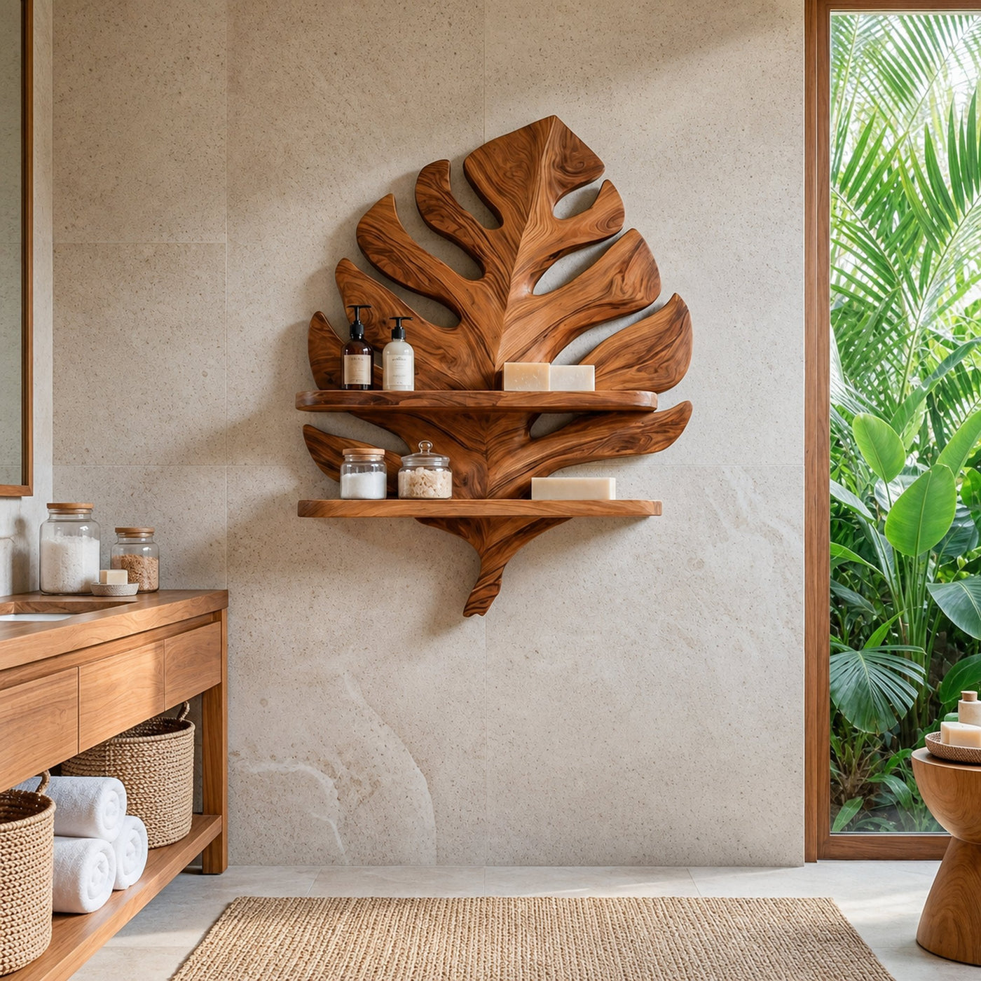 Organic Wooden Leaf Wall Shelf For Bathroom Spa Decor