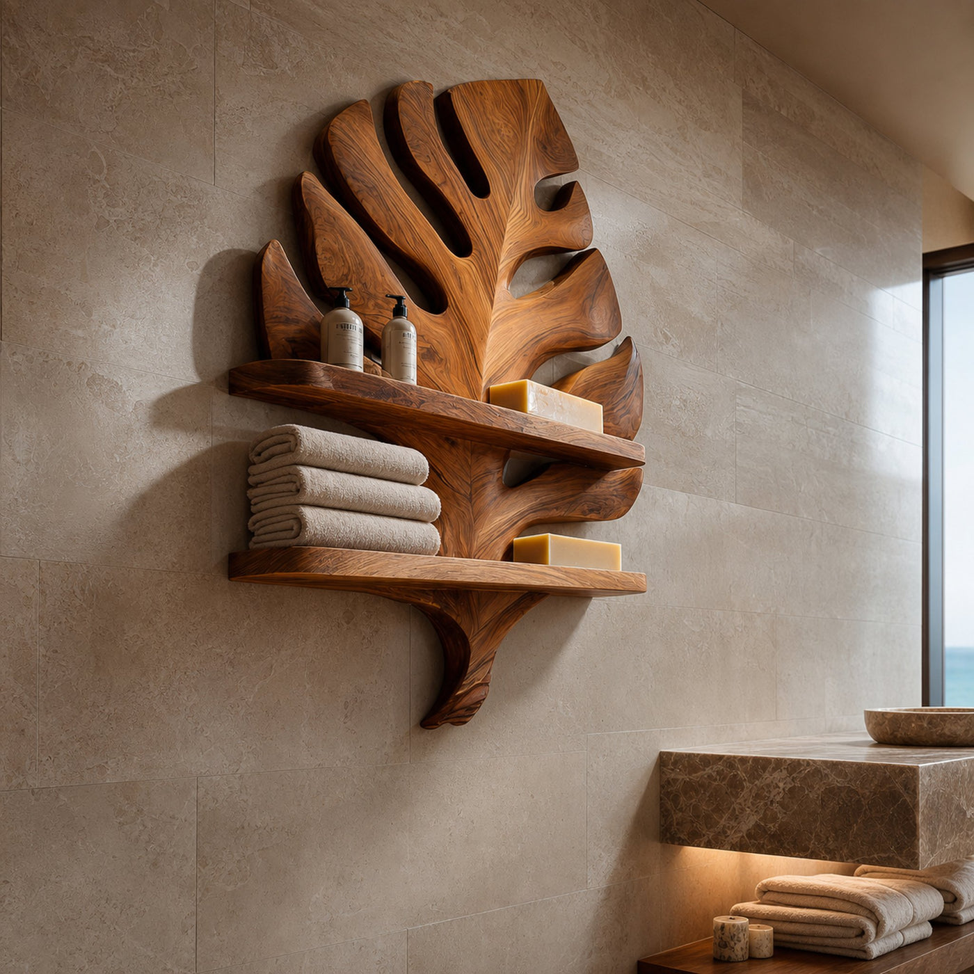Organic Wooden Leaf Wall Shelf For Bathroom Spa Decor - product view 7