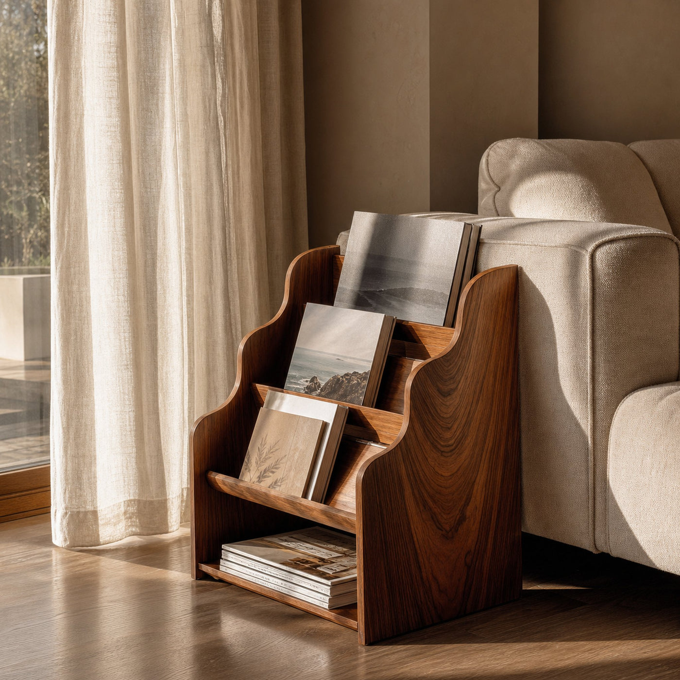 Organic Wooden Scalloped Magazine Rack For Living Room