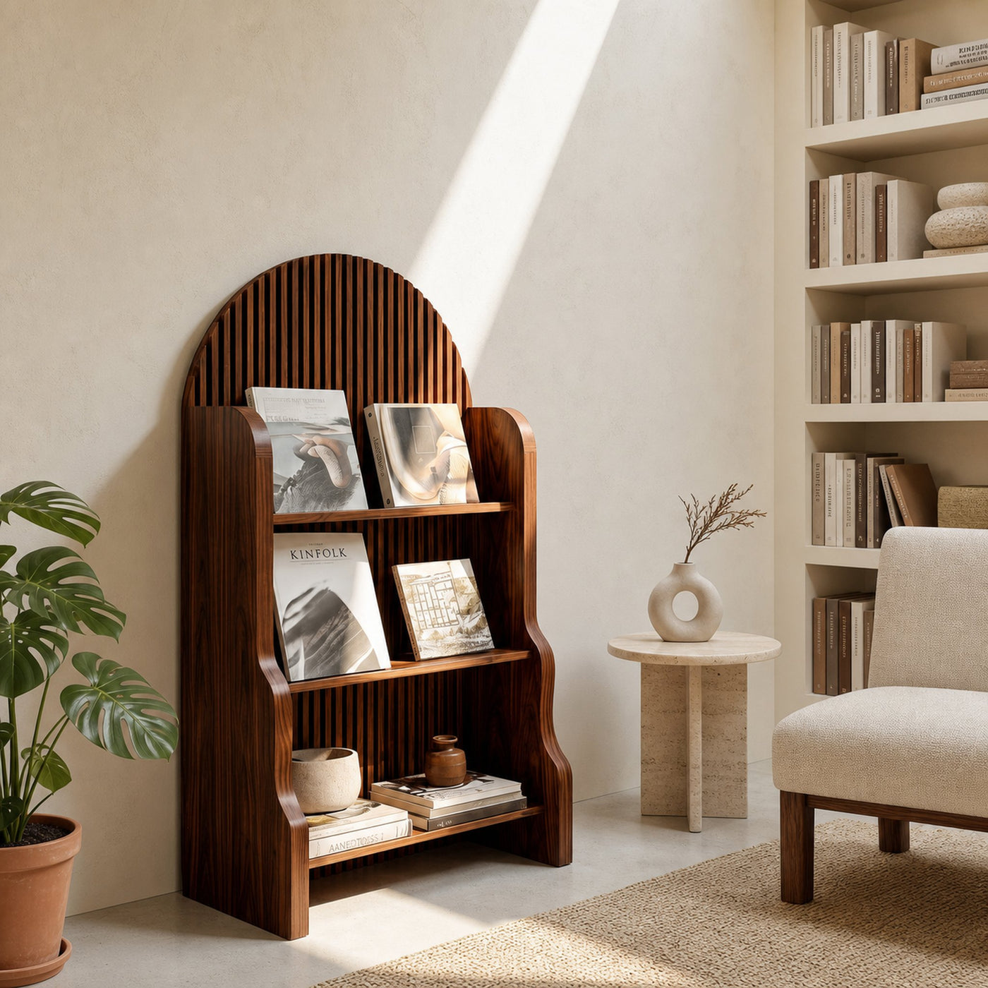 Organic Wooden Slatted Arch Magazine Rack For Living Room