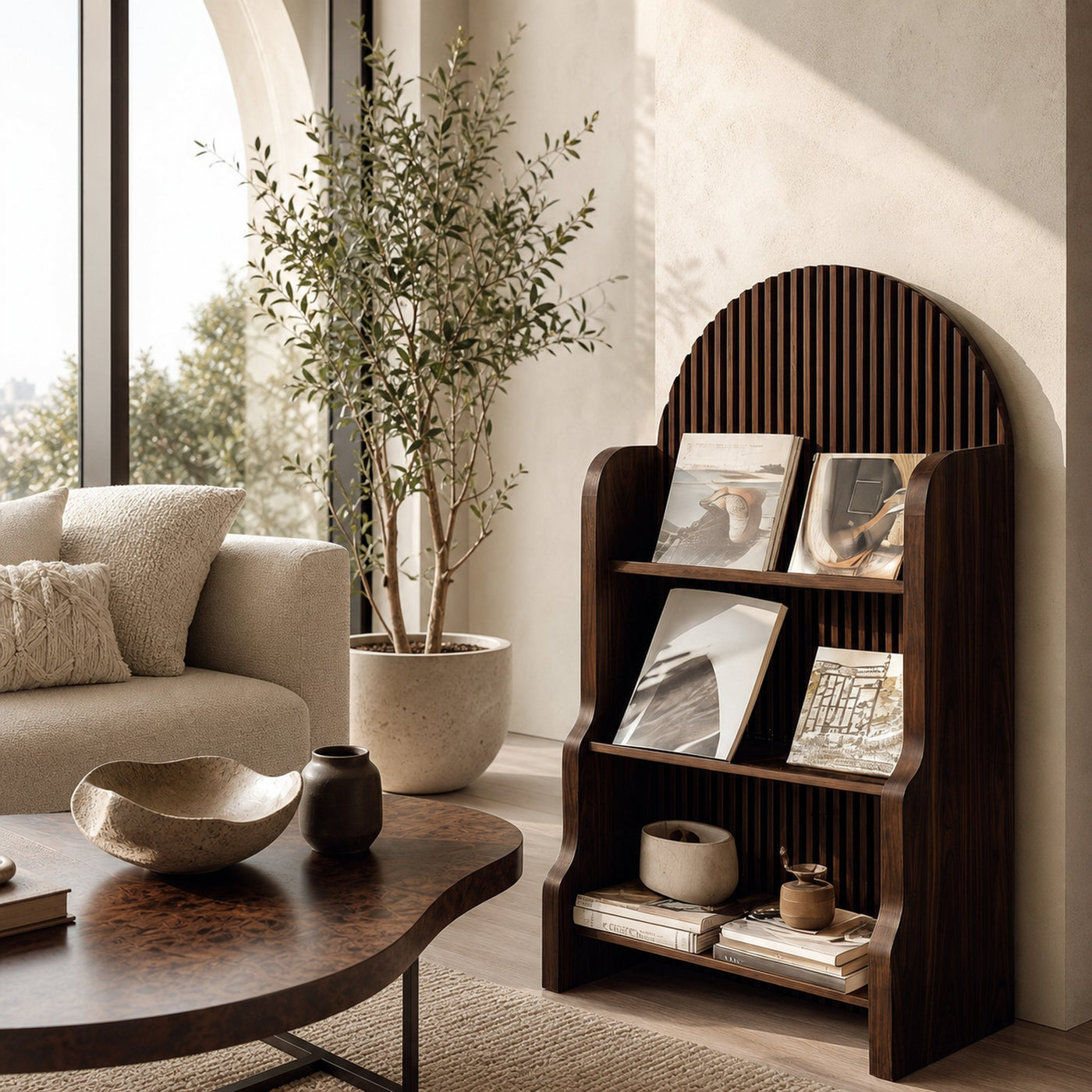 Organic Wooden Slatted Arch Magazine Rack For Living Room - product view 7
