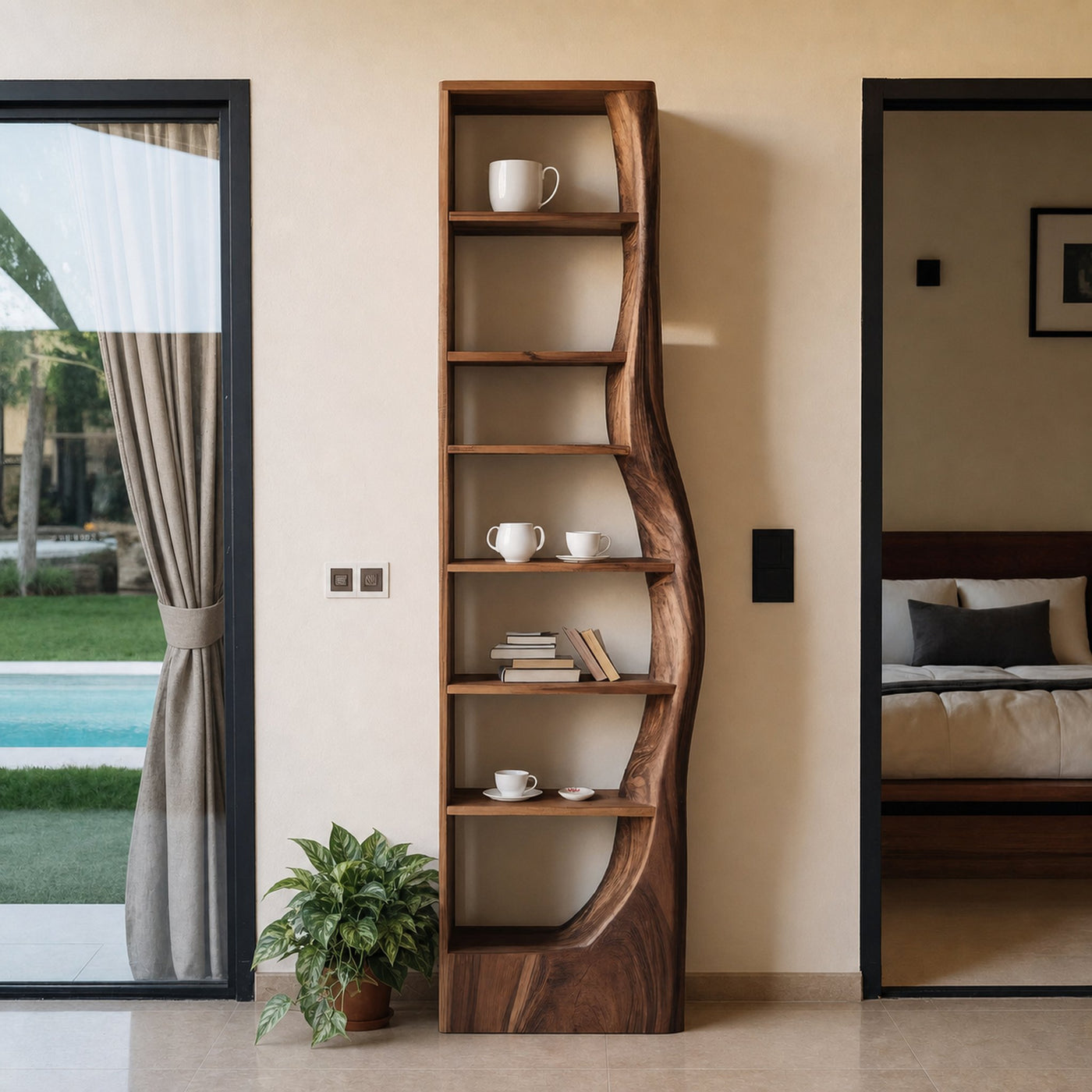 Organic Wooden Standing Shelf With Curved Side For Living Display