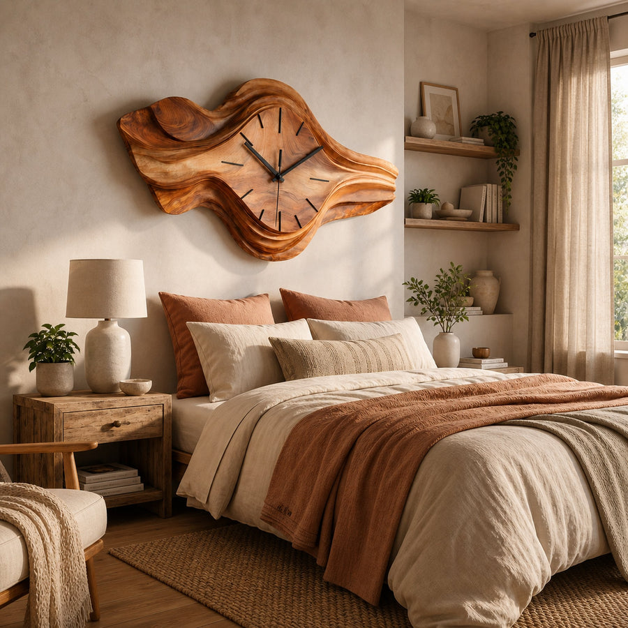 Organic Wooden Wall Clock Wave Design For Bedroom Wall Decor