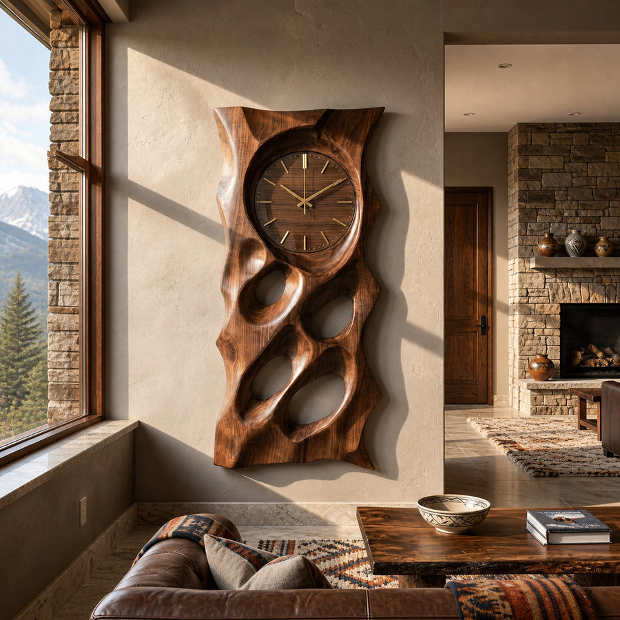 Organic Wooden Wall Clock With Hollow Form For Living Room