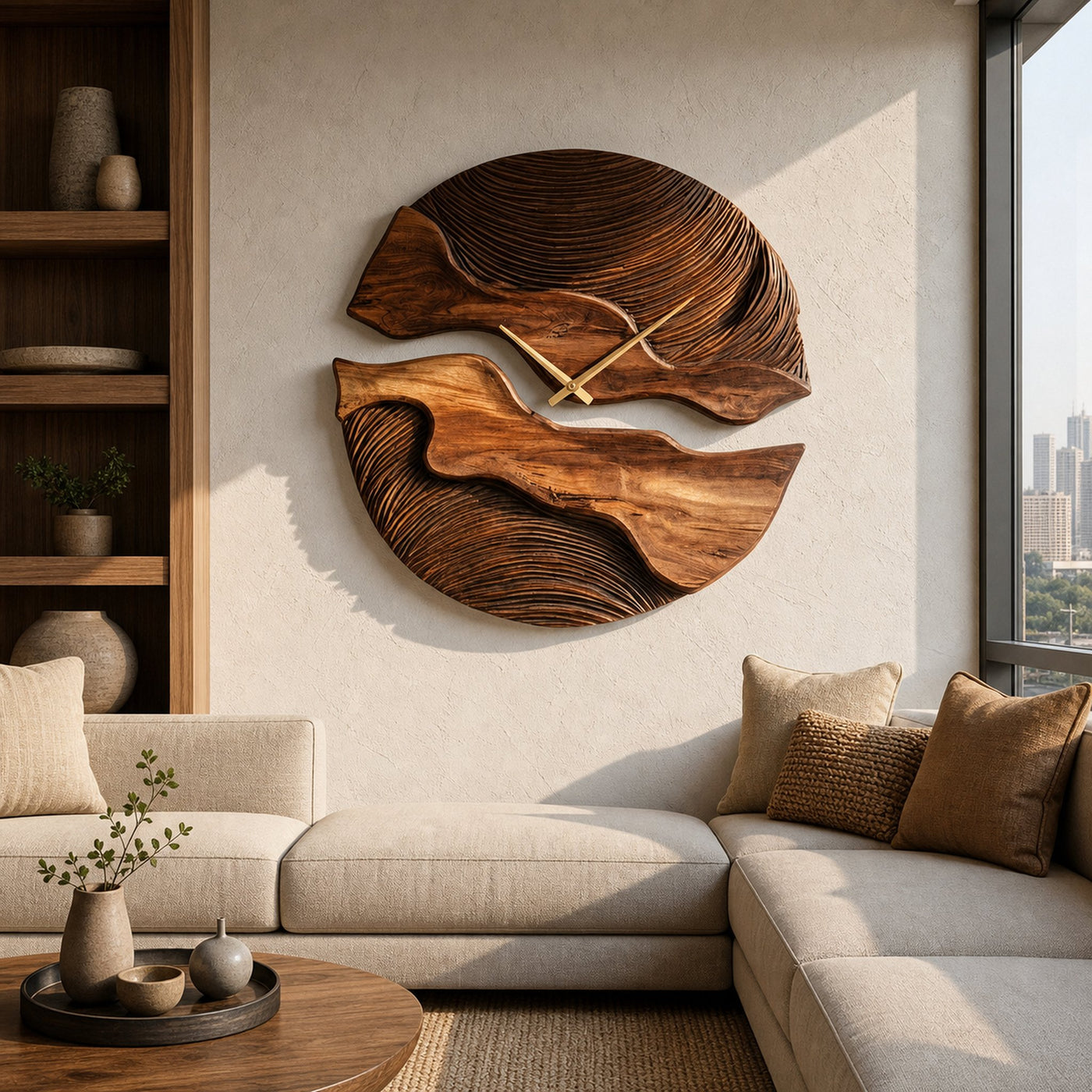 Organic Wooden Wall Clock With Unique Form For Living Room