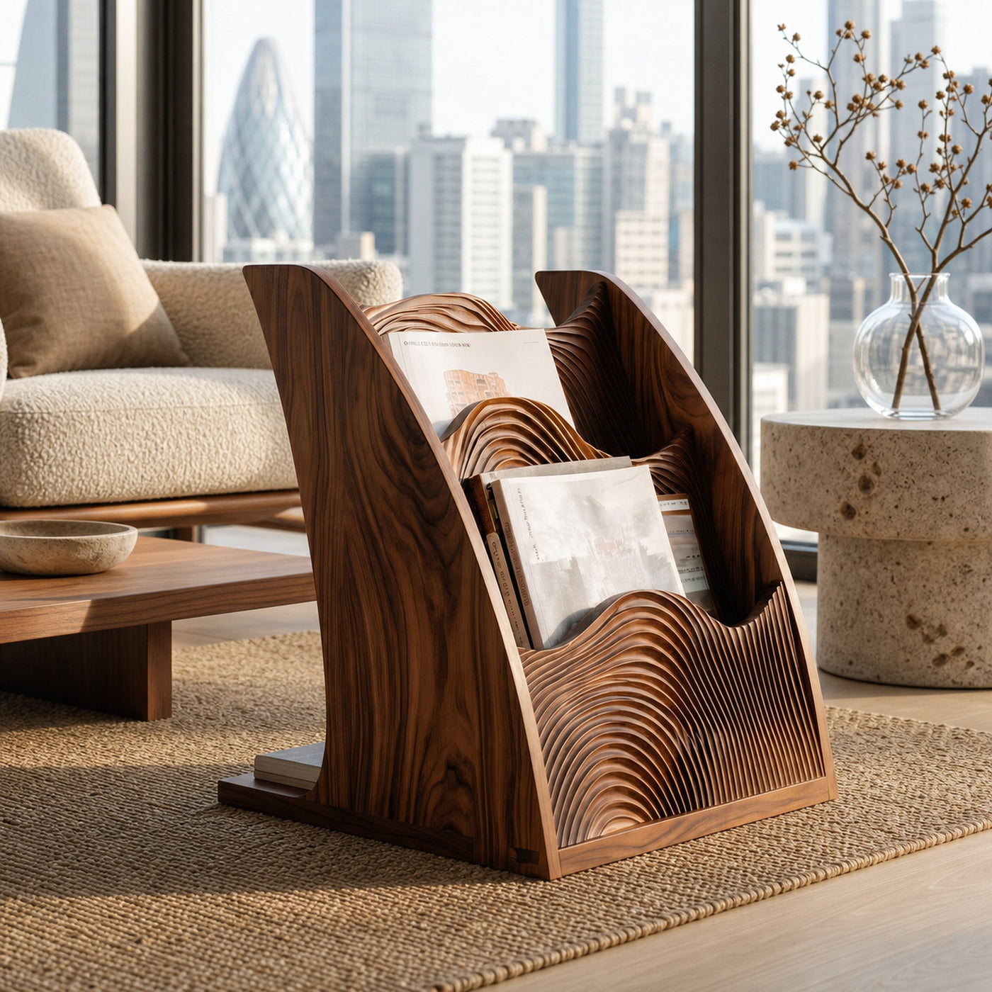 Organic Wooden Wave Panel Magazine Rack For Living Room