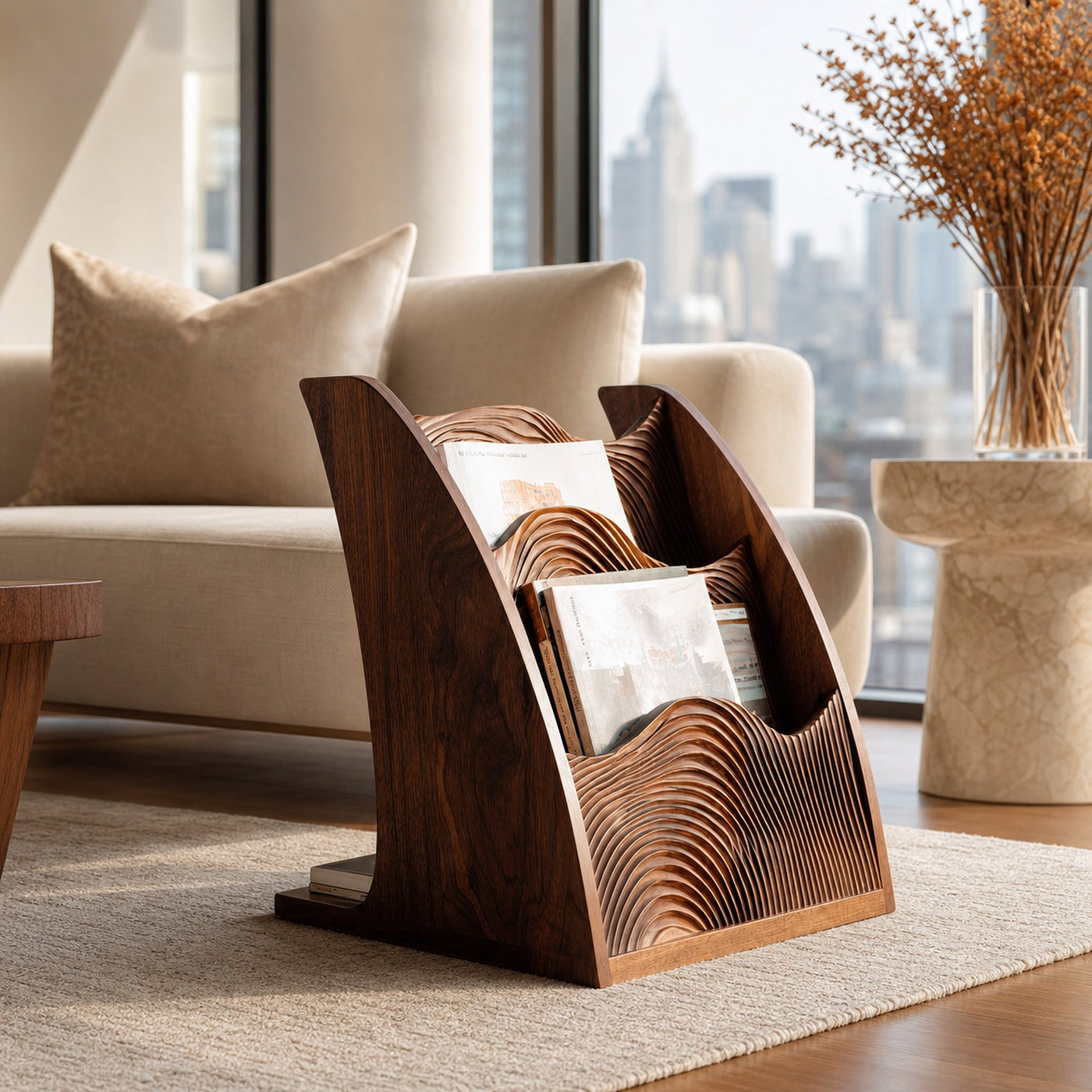 Organic Wooden Wave Panel Magazine Rack For Living Room - product view 6