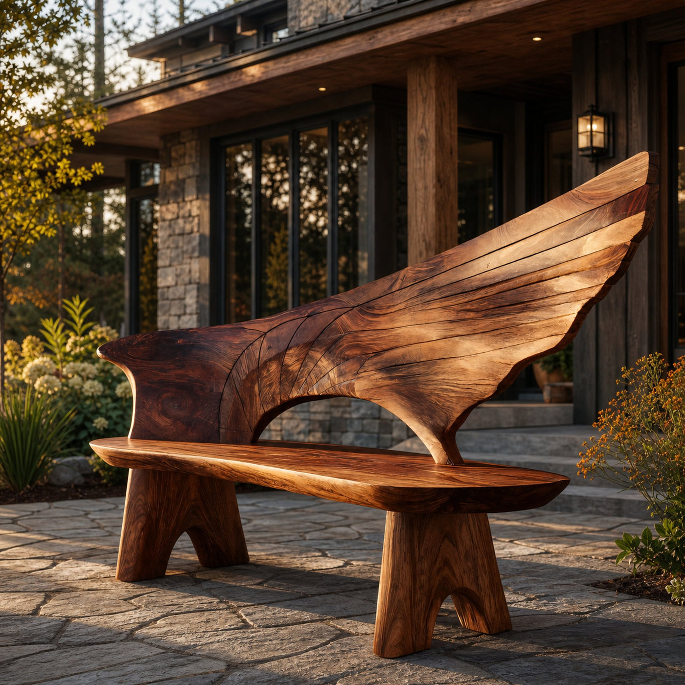 Outdoor Bench With Wing Inspired Carved Backrest For Garden