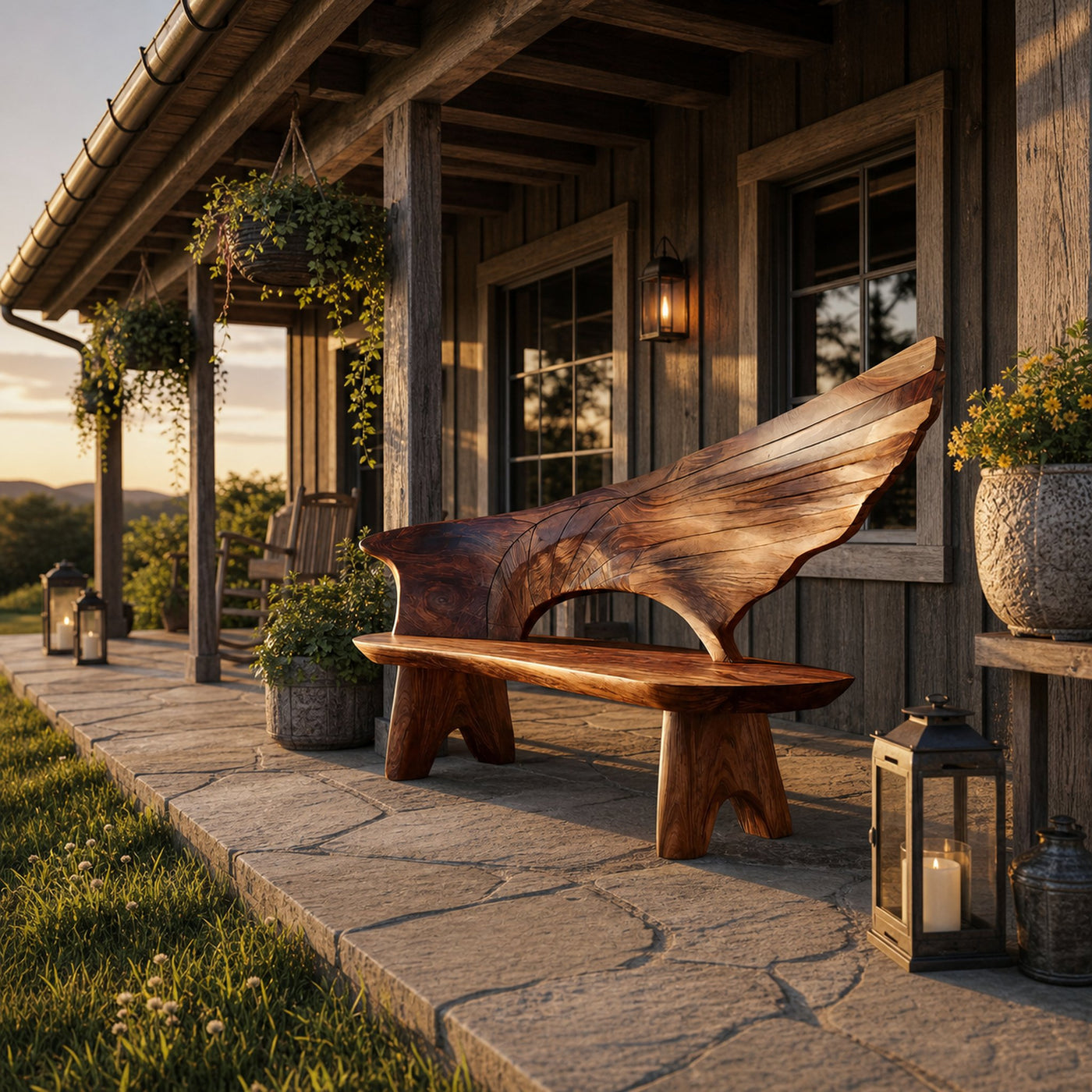 Outdoor Bench With Wing Inspired Carved Backrest For Garden - product view 6