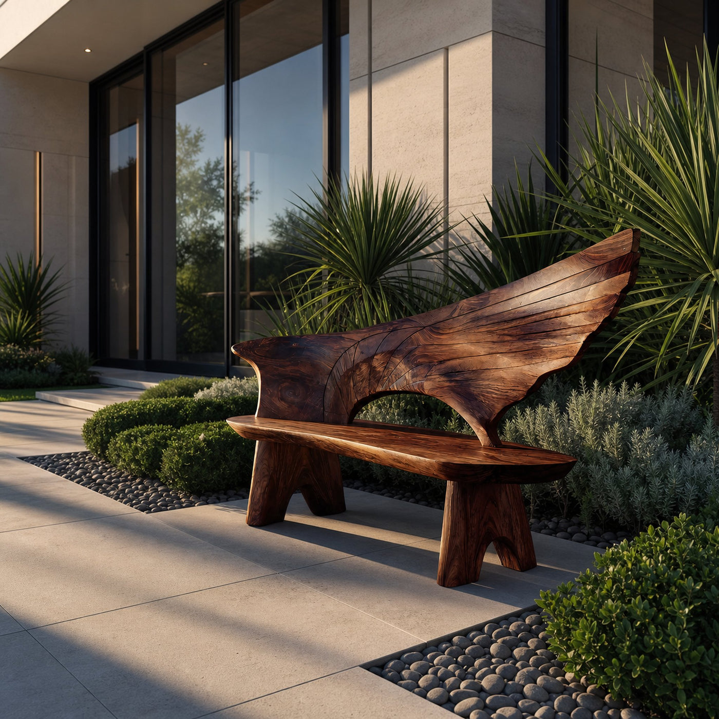 Outdoor Bench With Wing Inspired Carved Backrest For Garden - product view 7