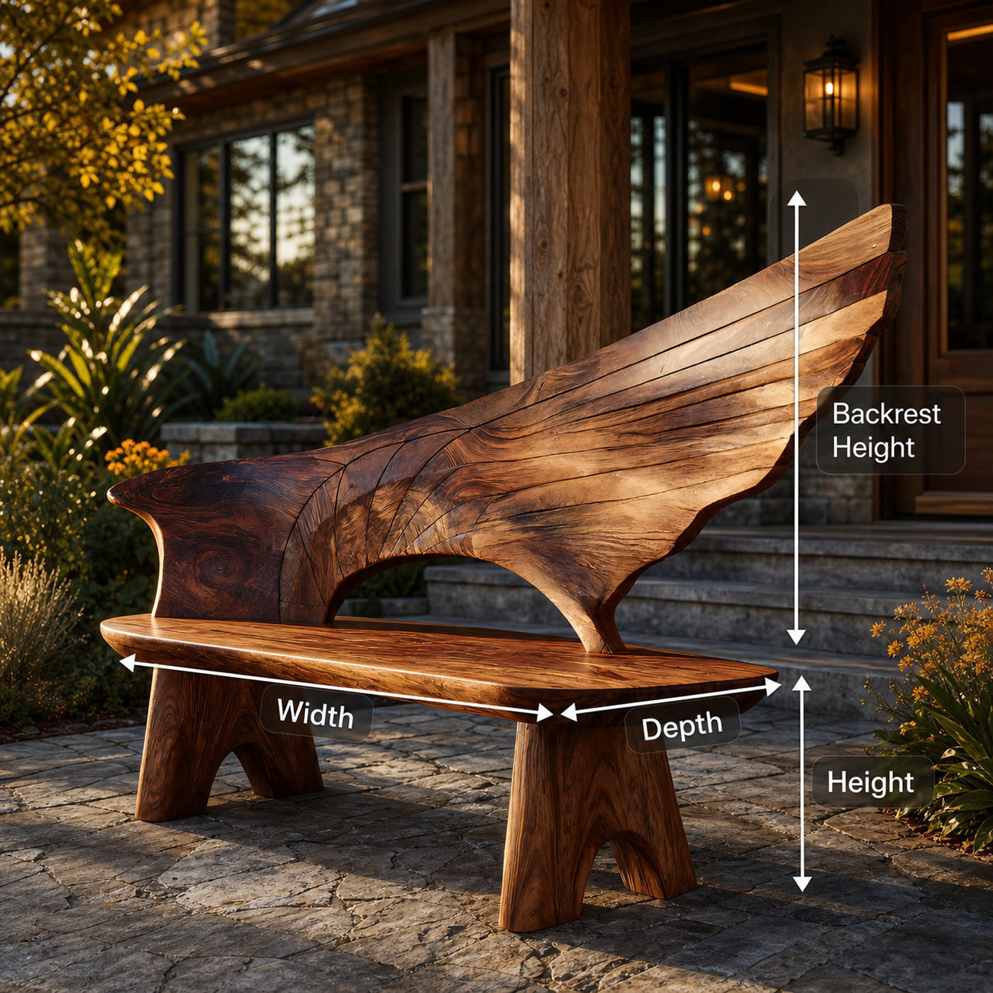 Outdoor Bench With Wing Inspired Carved Backrest For Garden - product view 8