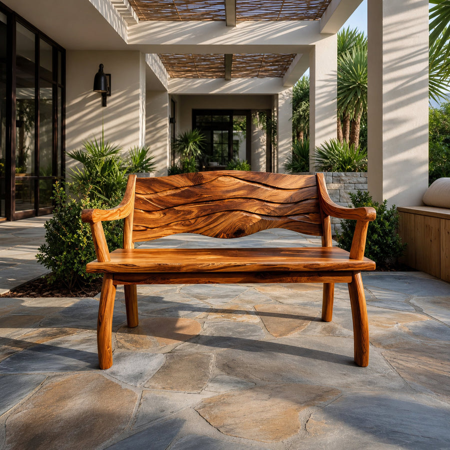 Outdoor Wood Bench With Wave Carved Backrest For Exterior