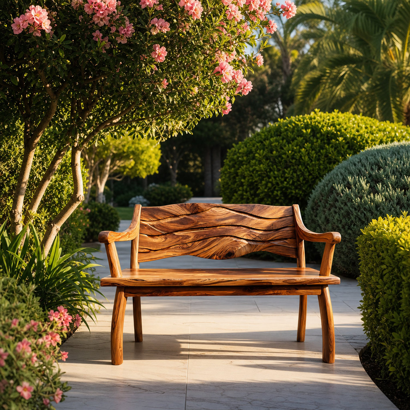 Outdoor Wood Bench With Wave Carved Backrest For Exterior - product view 6
