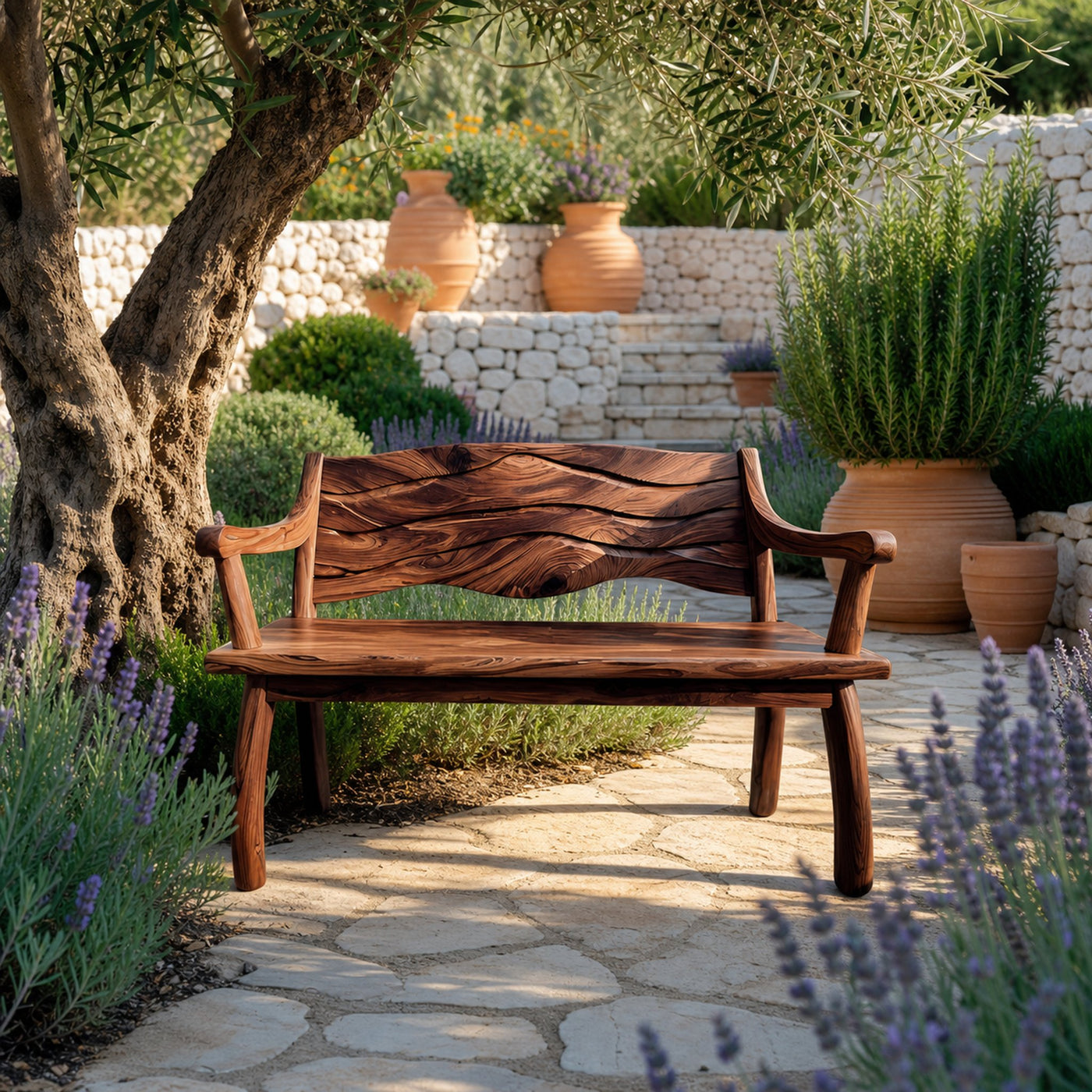 Outdoor Wood Bench With Wave Carved Backrest For Exterior - product view 7