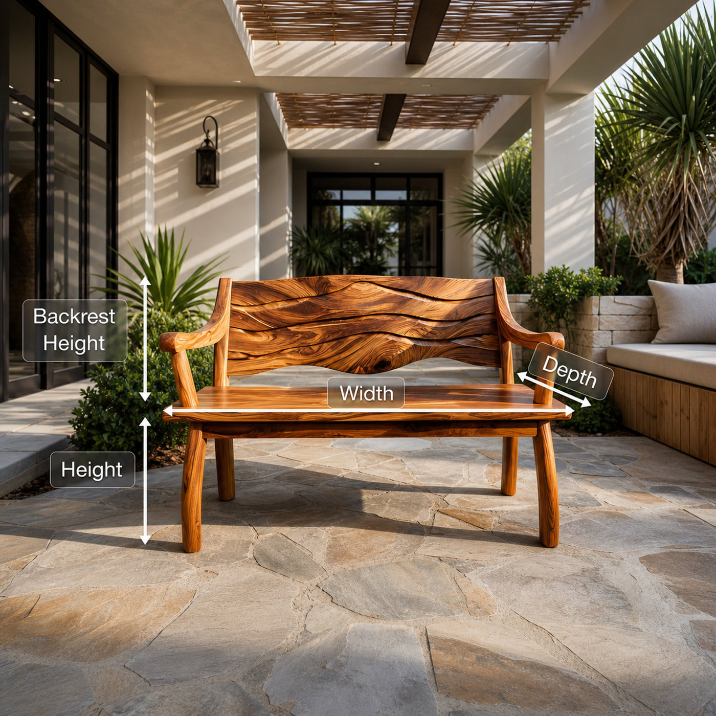 Outdoor Wood Bench With Wave Carved Backrest For Exterior - product view 8