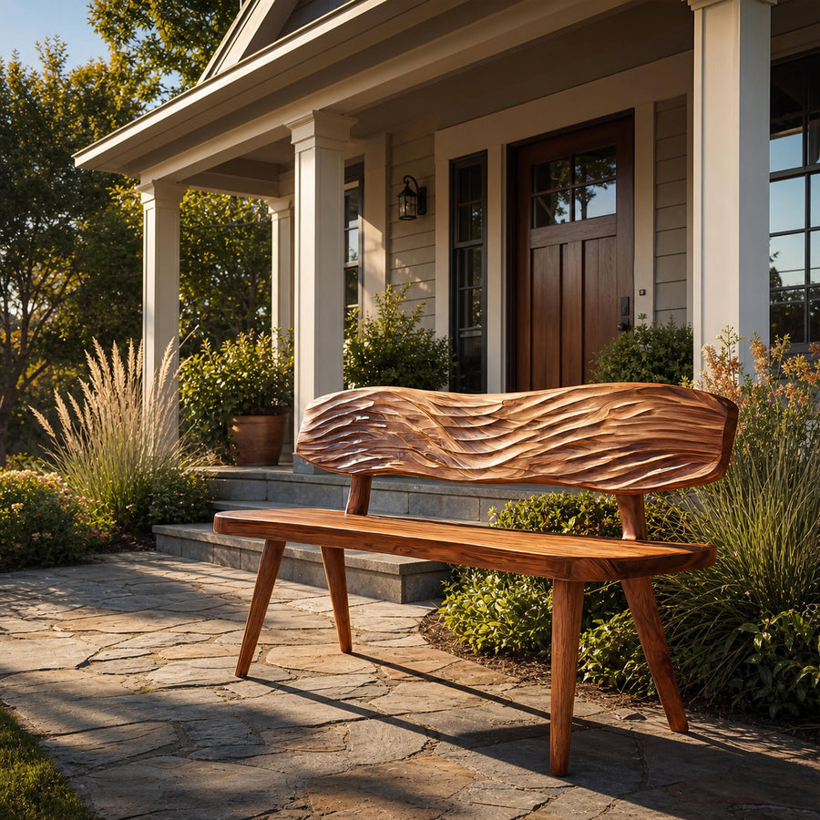Outdoor Wooden Bench With Wave Carved Backrest For Garden