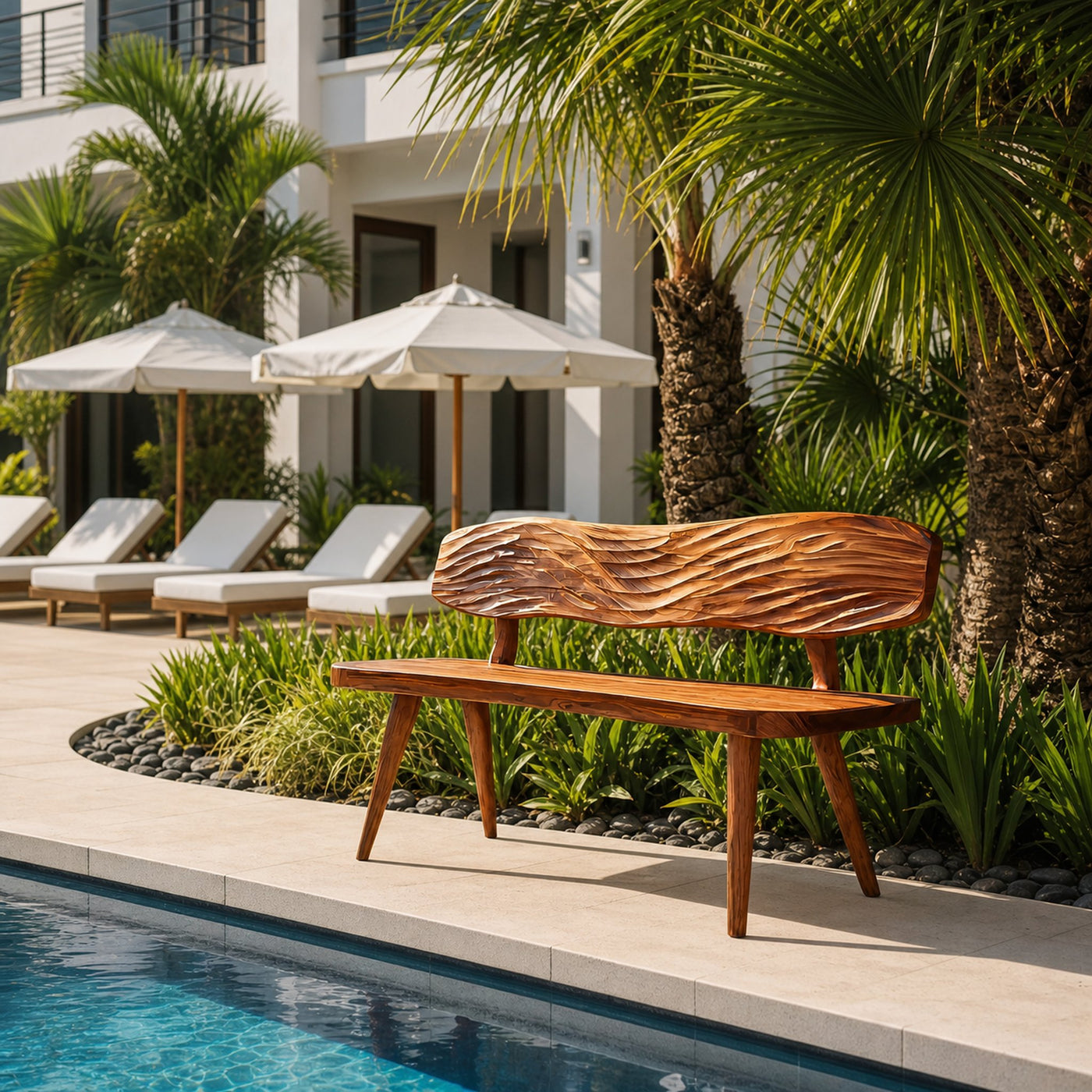 Outdoor Wooden Bench With Wave Carved Backrest For Garden - product view 6