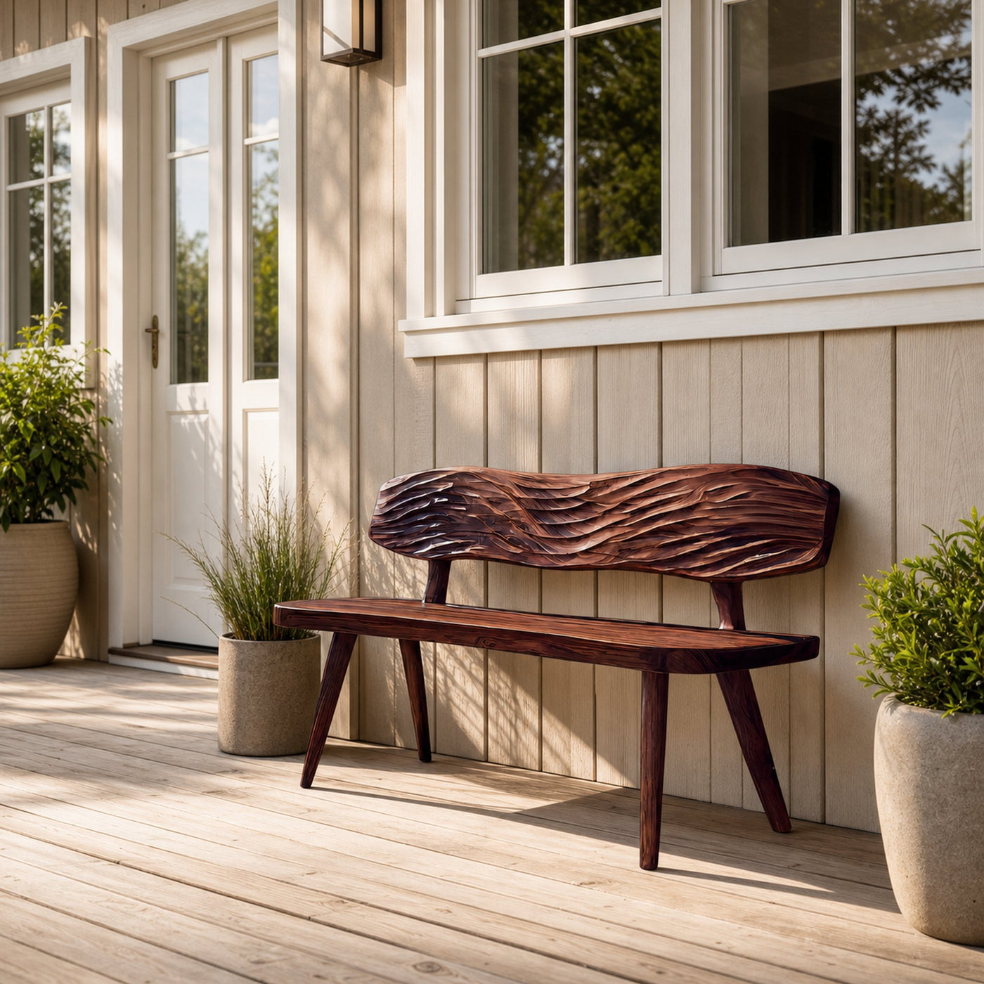Outdoor Wooden Bench With Wave Carved Backrest For Garden - product view 7