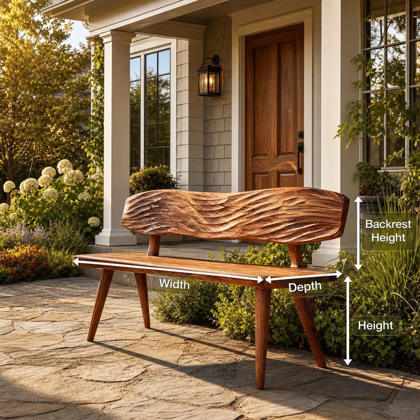 Outdoor Wooden Bench With Wave Carved Backrest For Garden - product view 8